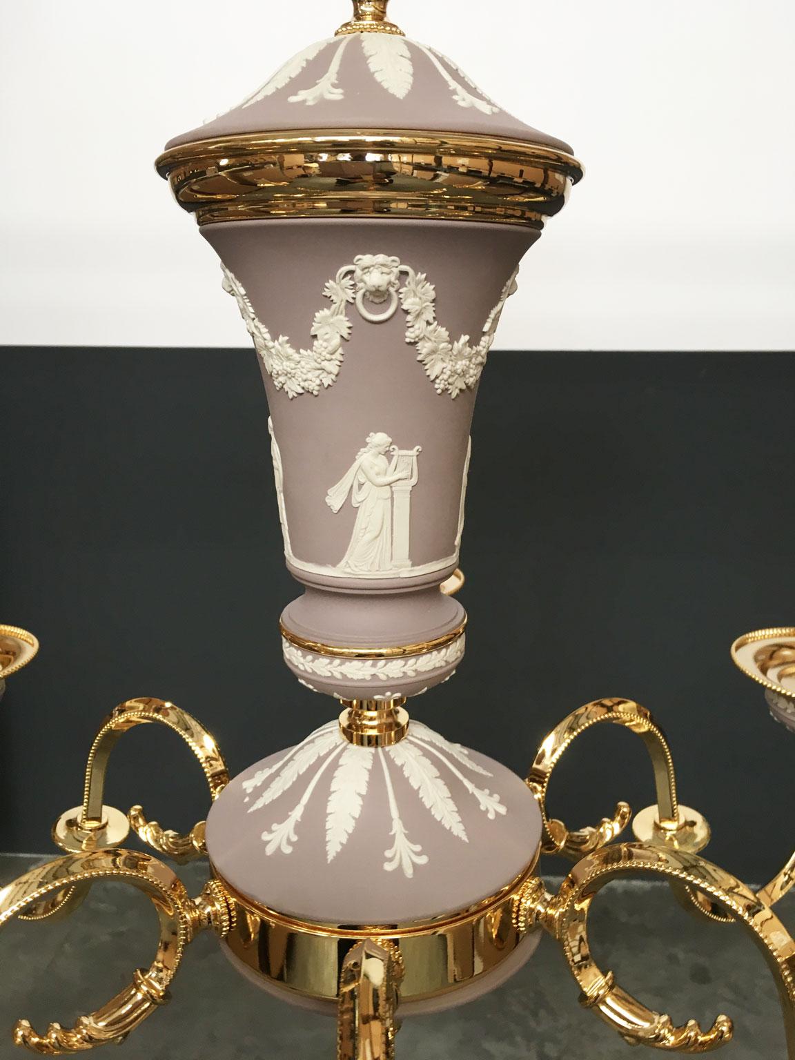 1970 Italy Lilac Brass and Porcelain Chandelier Hollywood Regency Style 6 Lights For Sale 9
