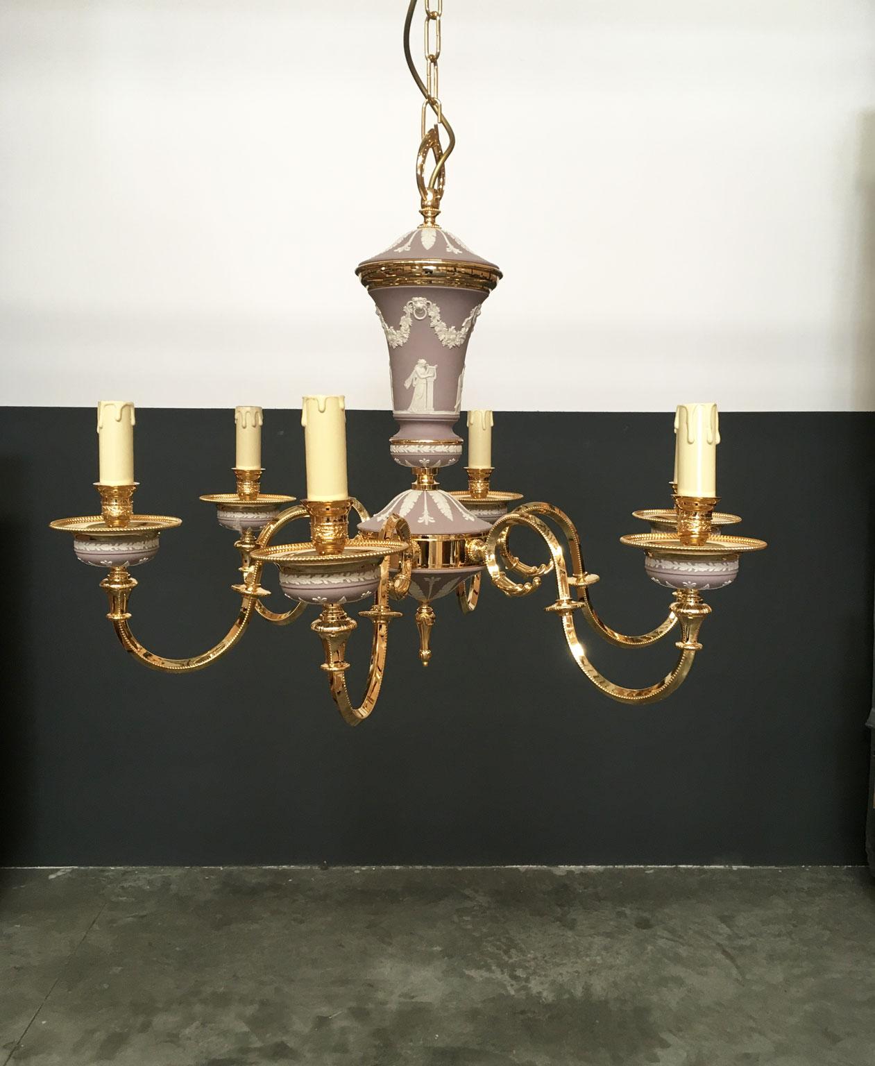 Italian 1970 Italy Lilac Brass and Porcelain Chandelier Hollywood Regency Style 6 Lights For Sale