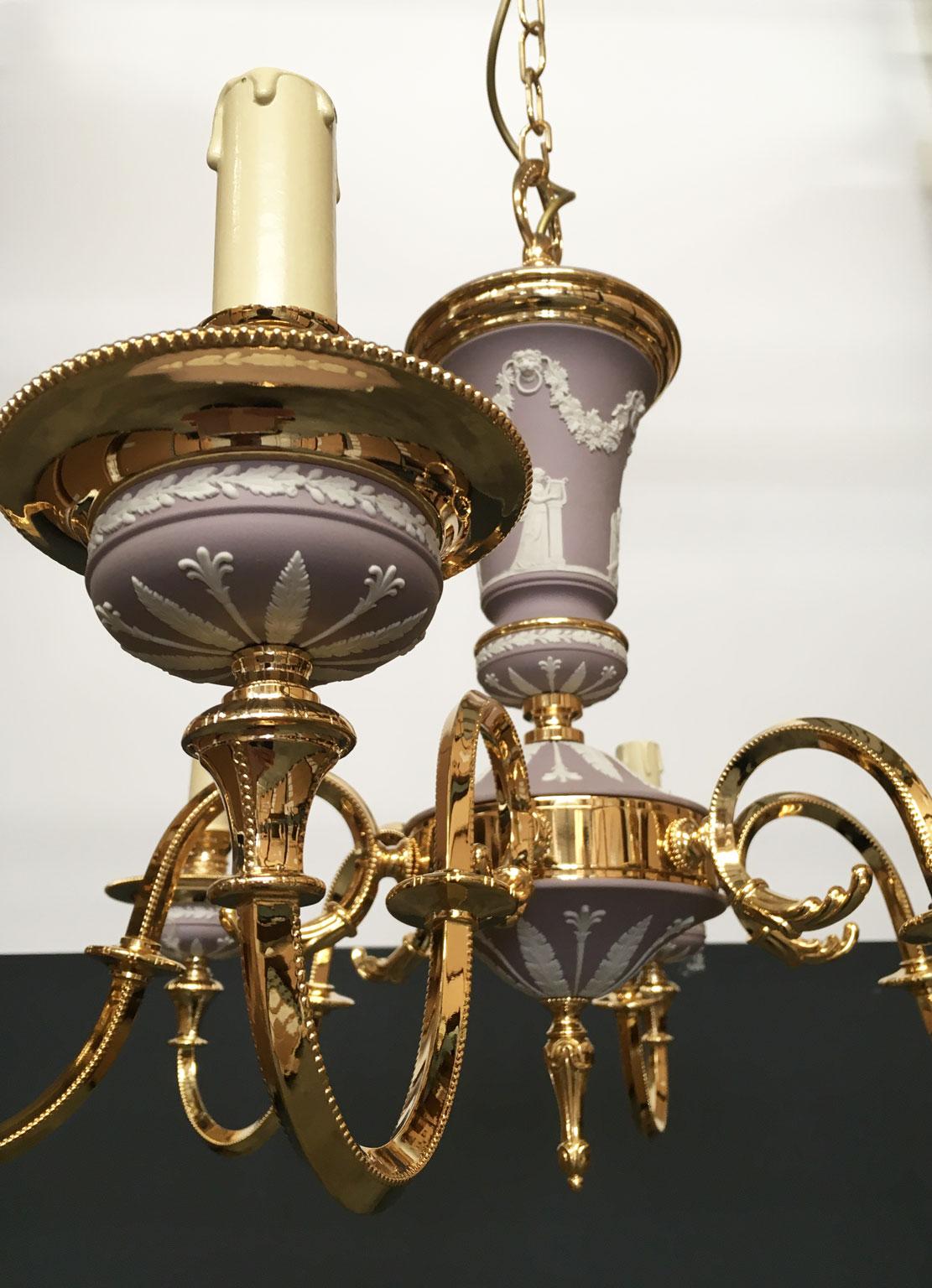 Late 20th Century 1970 Italy Lilac Brass and Porcelain Chandelier Hollywood Regency Style 6 Lights For Sale