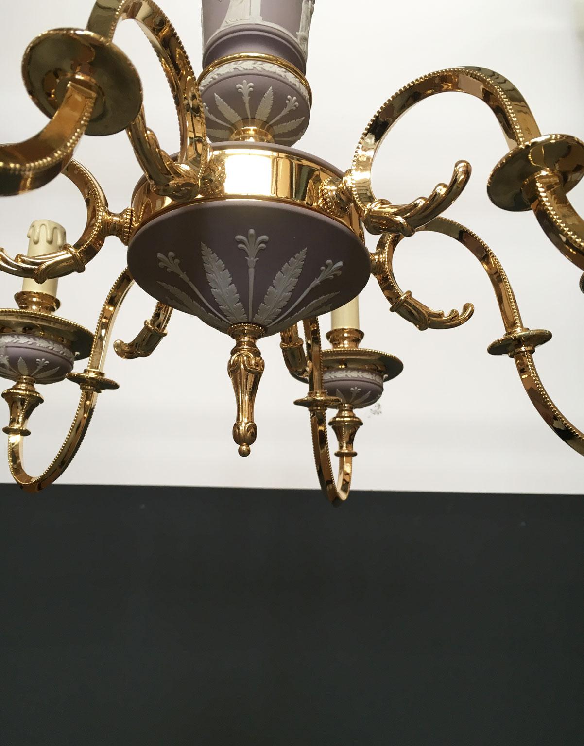 1970 Italy Lilac Brass and Porcelain Chandelier Hollywood Regency Style 6 Lights For Sale 1