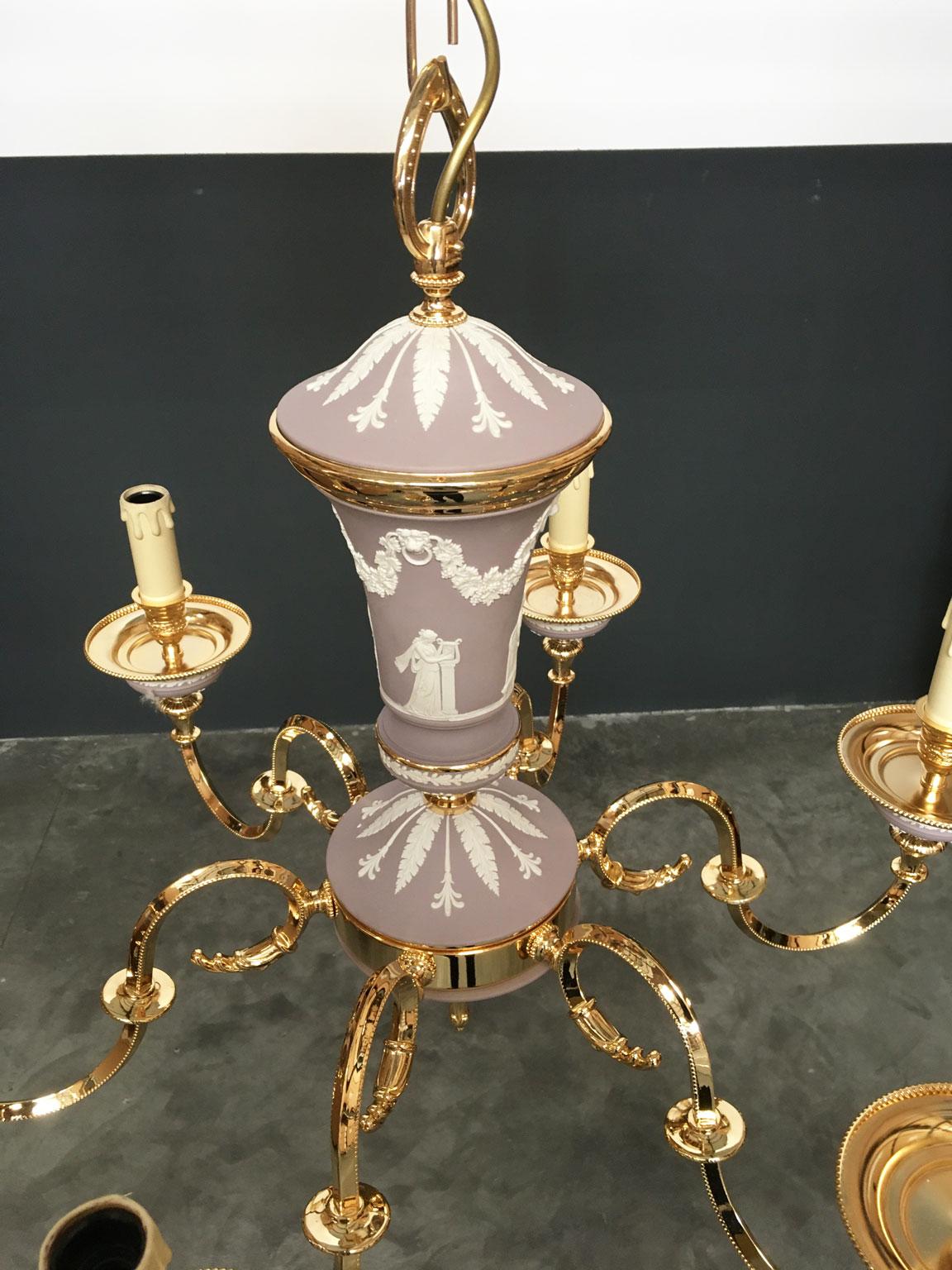 1970 Italy Lilac Brass and Porcelain Chandelier Hollywood Regency Style 6 Lights For Sale 3