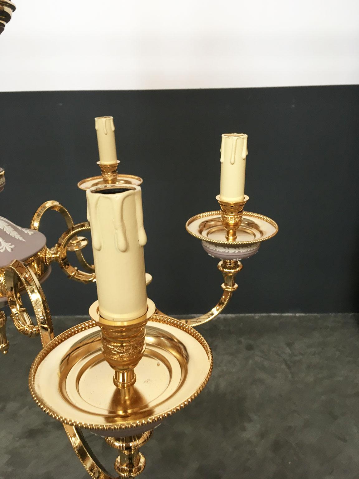 1970 Italy Lilac Brass and Porcelain Chandelier Hollywood Regency Style 6 Lights For Sale 4