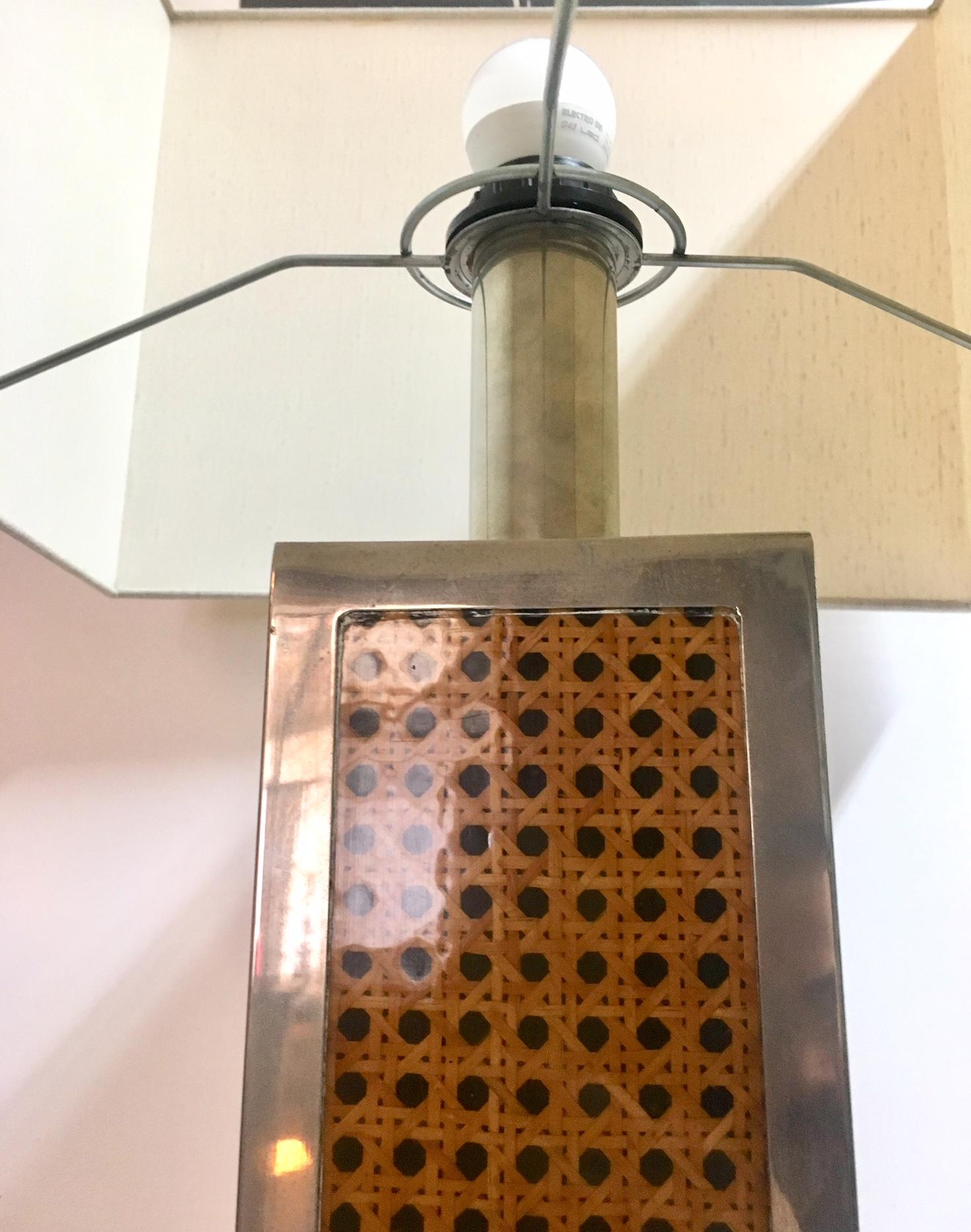 Italian 1970 Italy Chromed and Rattan Table Lamp