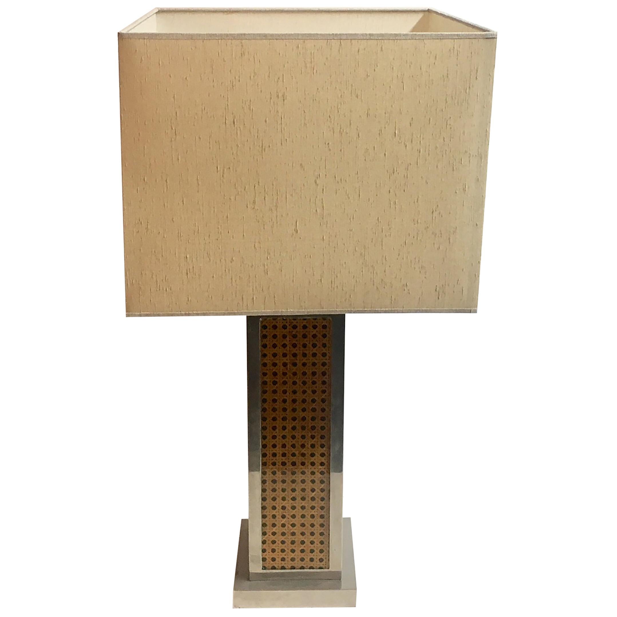 1970 Italy Chromed and Rattan Table Lamp