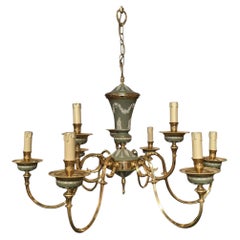 1970 Italy Hollywood Regency Style Green Porcelain and Brass Chandelier 9 lights