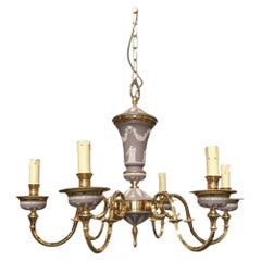 1970 Italy Lilac Brass and Porcelain Chandelier Hollywood Regency Style 6 Lights