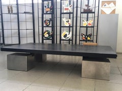 1970 Italy Post-Modern Rectangular Black Wooden Top Coffee Table by Delagneau