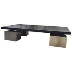 1970 Italy Post-Modern Rectangular Black Wooden Top Coffee Table by Delagneau