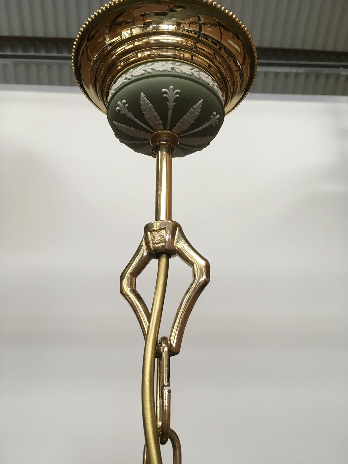 Italy 1970 Hollywood Regency Style Green Porcelain and Brass Chandelier 5 lights For Sale 8