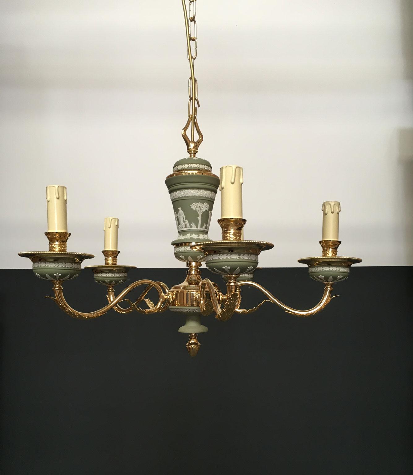 Italian Italy 1970 Hollywood Regency Style Green Porcelain and Brass Chandelier 5 lights For Sale