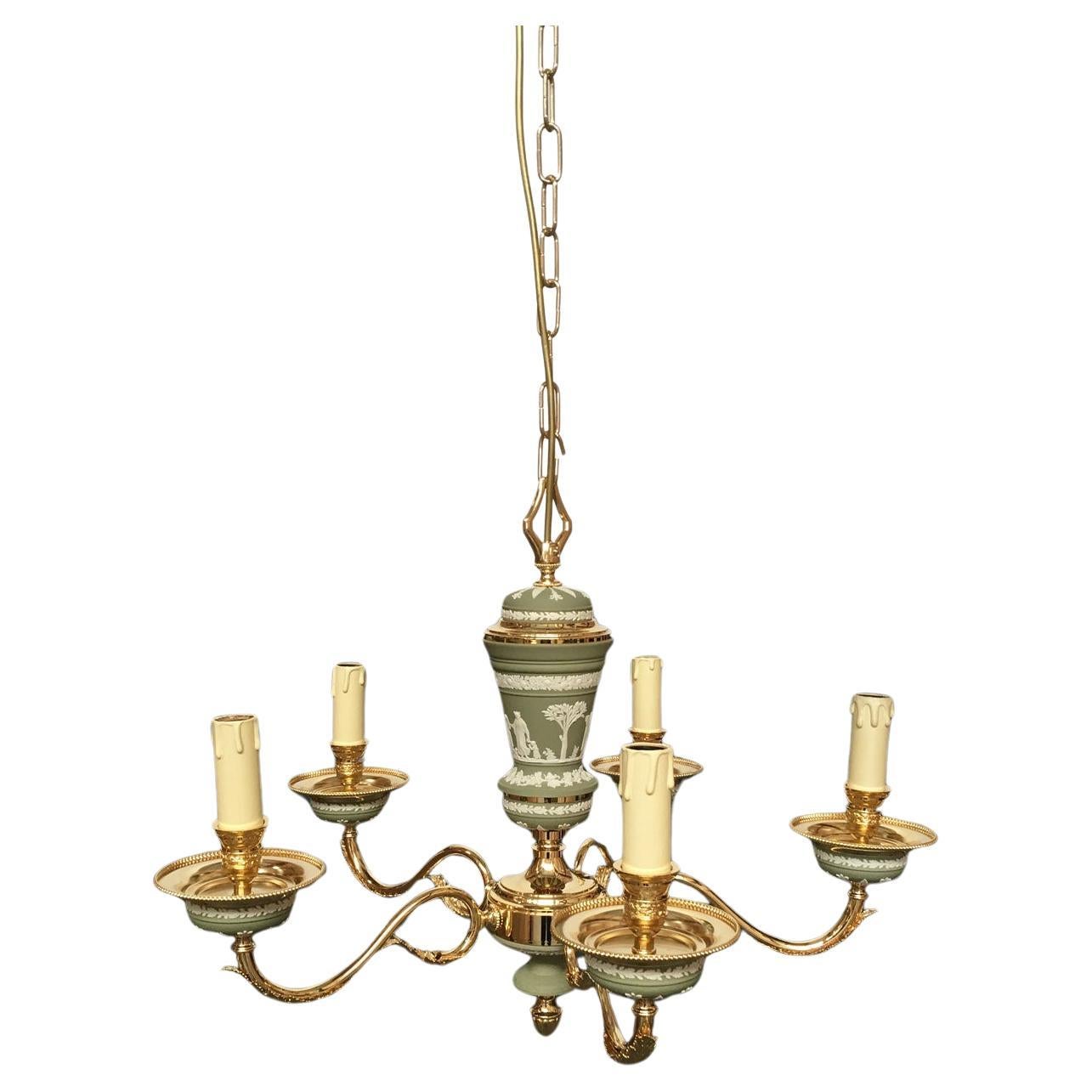 Italy 1970 Hollywood Regency Style Green Porcelain and Brass Chandelier 5 lights For Sale