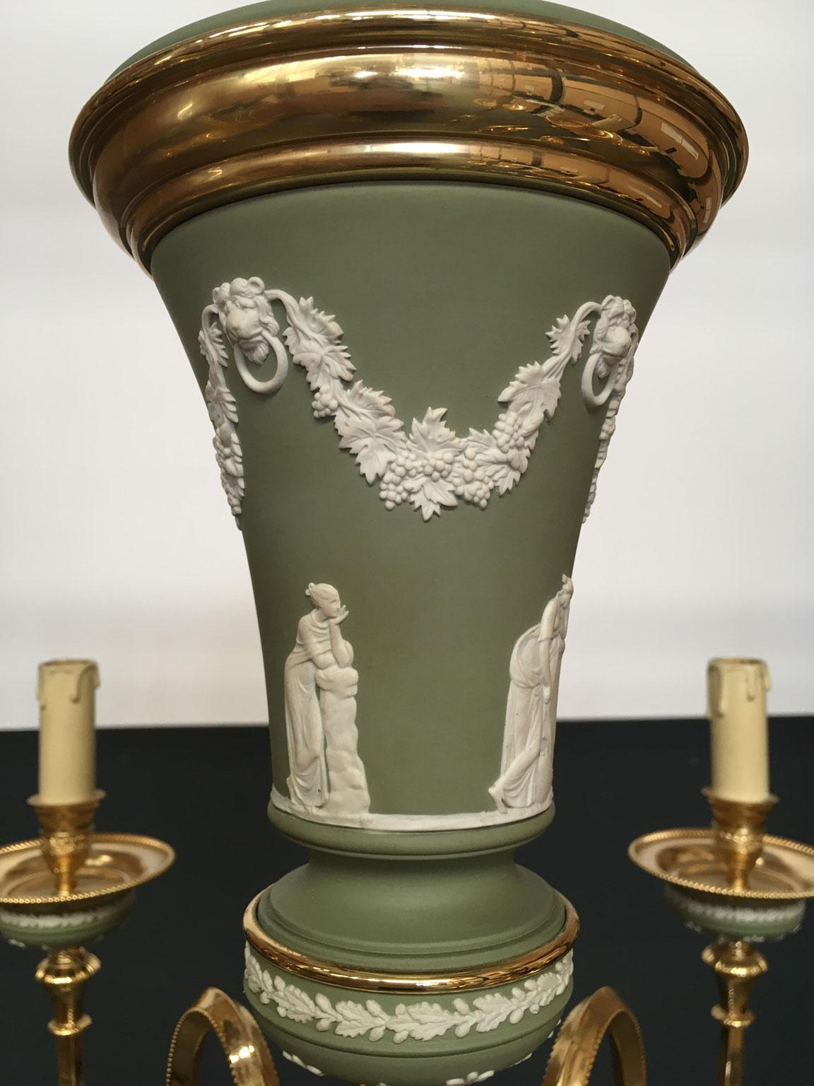 1970 Italy Hollywood Regency Style Green Porcelain and Brass Chandelier 9 lights For Sale 5