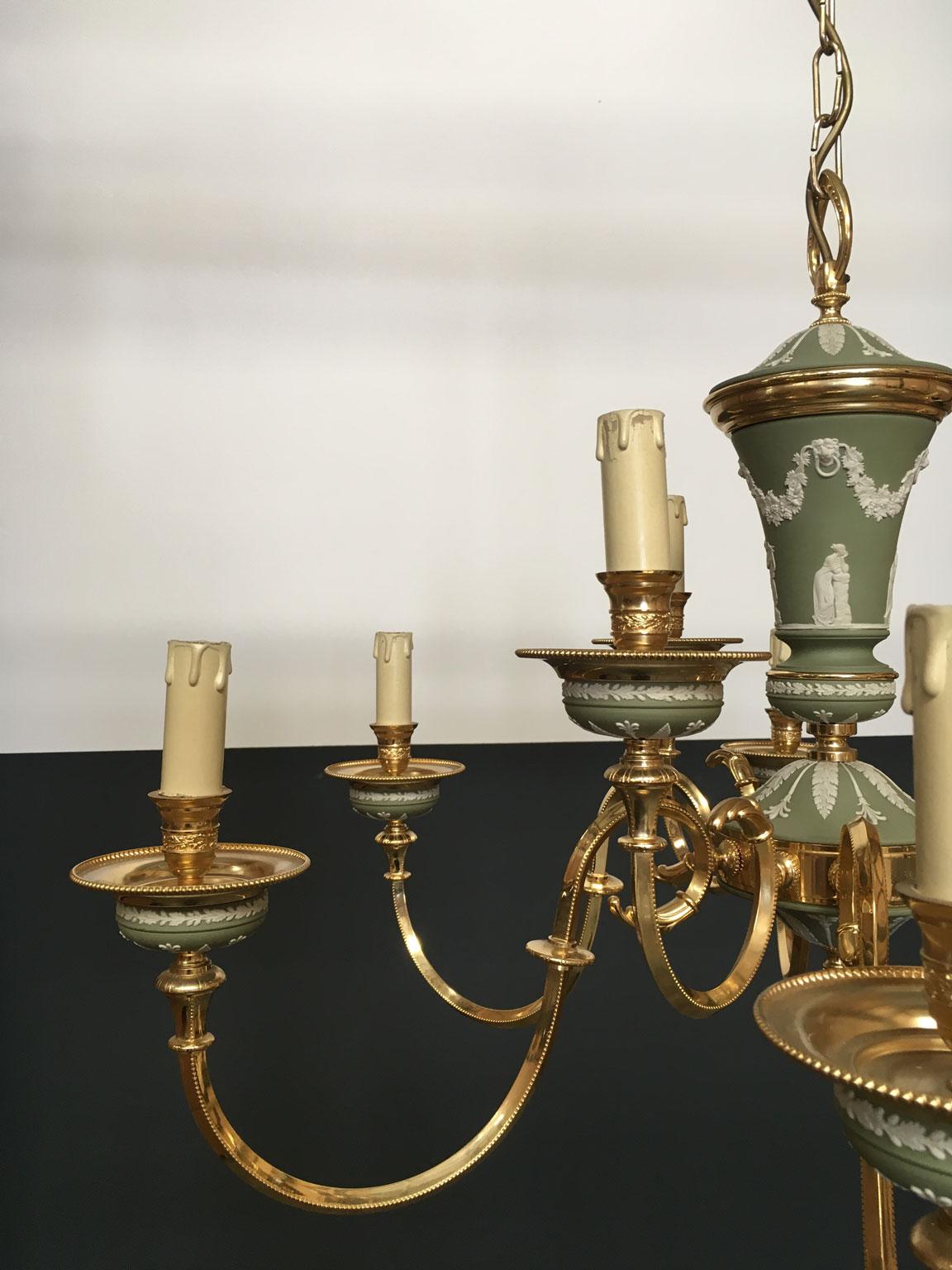 1970 Italy Hollywood Regency Style Green Porcelain and Brass Chandelier 9 lights For Sale 11