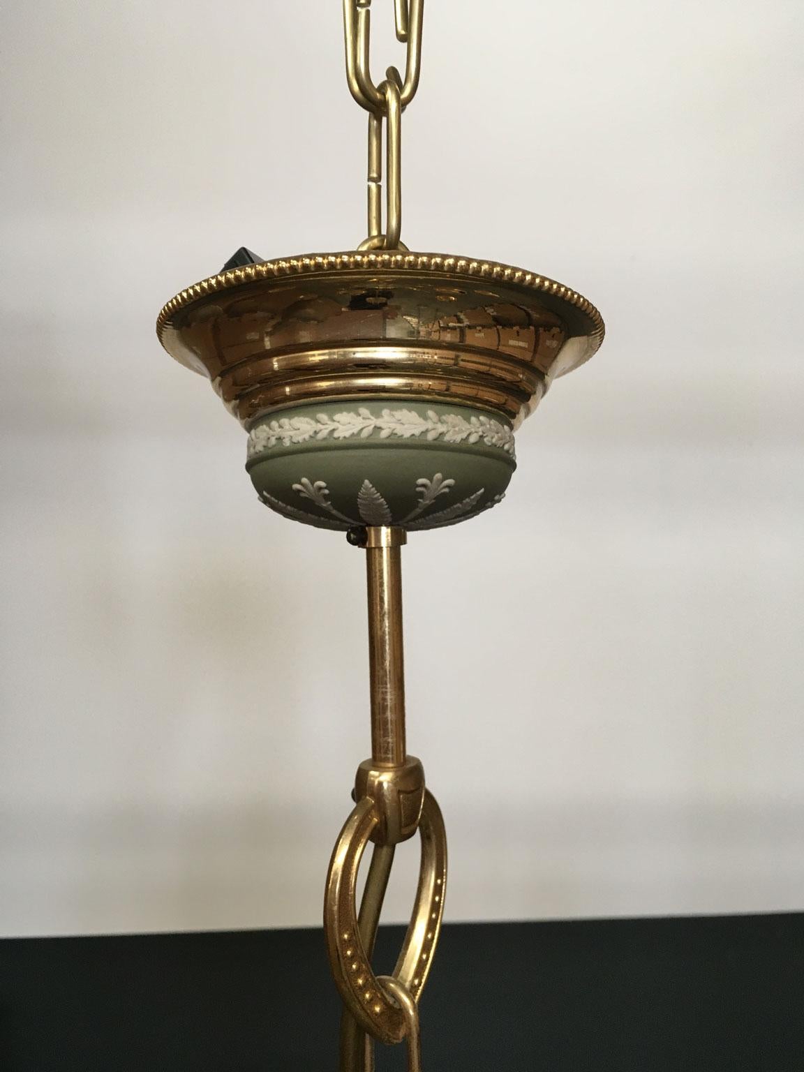 Late 20th Century 1970 Italy Hollywood Regency Style Green Porcelain and Brass Chandelier 9 lights For Sale