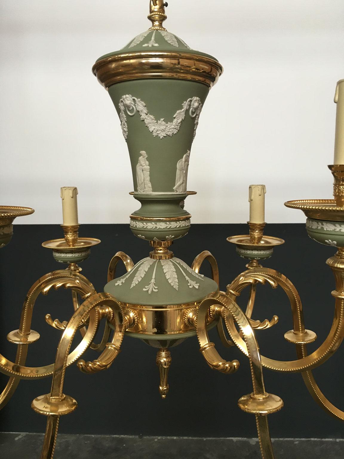 1970 Italy Hollywood Regency Style Green Porcelain and Brass Chandelier 9 lights For Sale 1