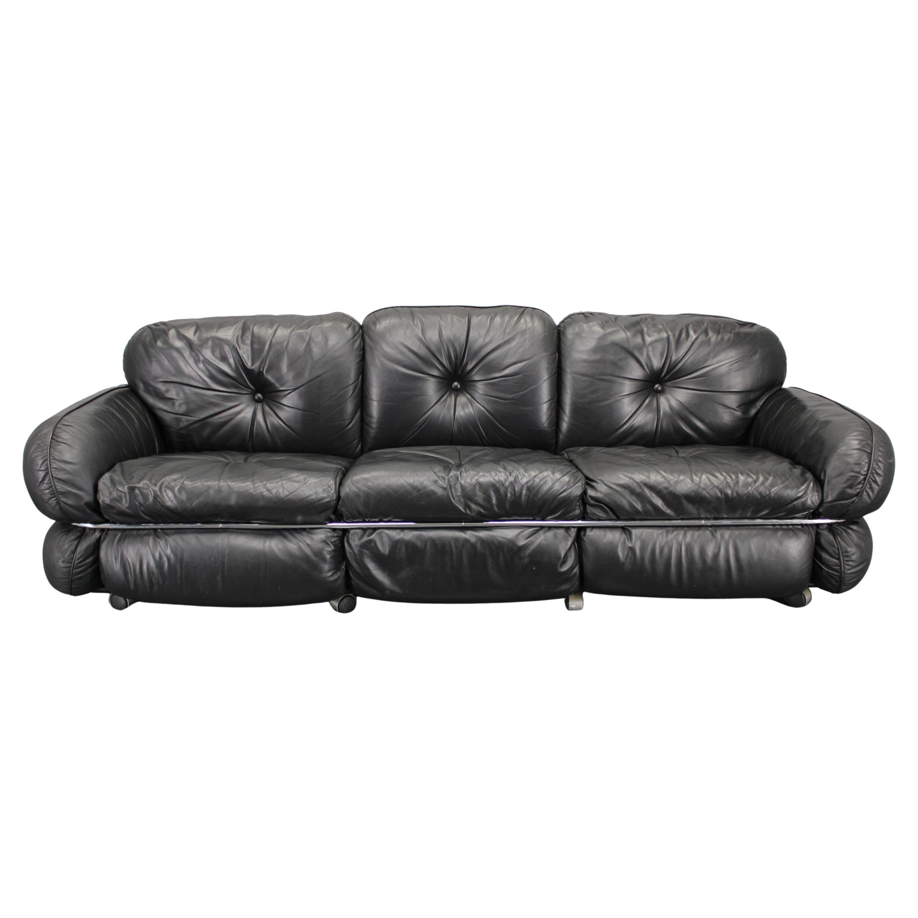 1970 Kurt Hvitsjö Rare “Hannibal” Black 3- Seater Sofa For Isku, Finland