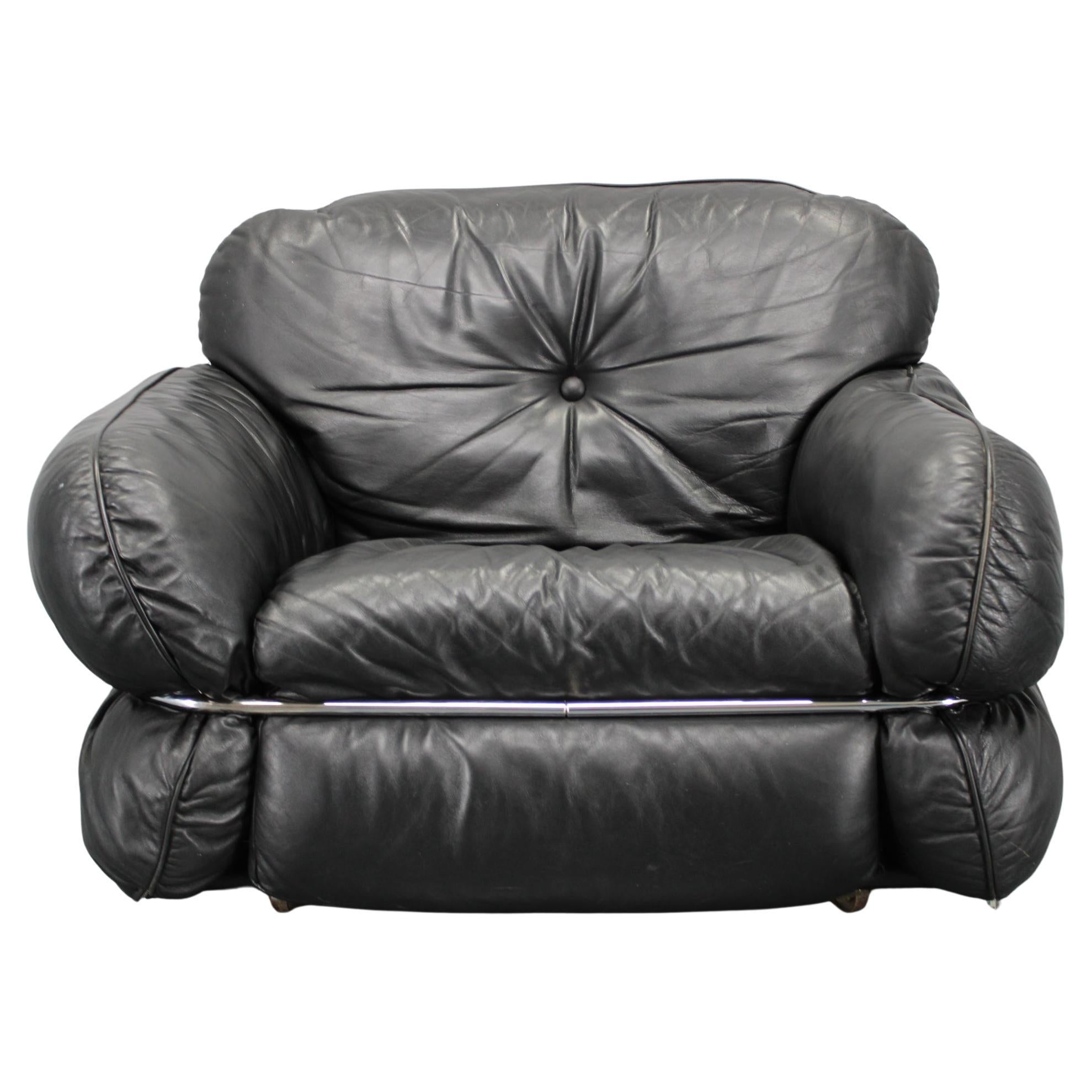1970 Kurt Hvitsjö Rare “Hannibal” Black Leather Armchair For Isku, Finland For Sale
