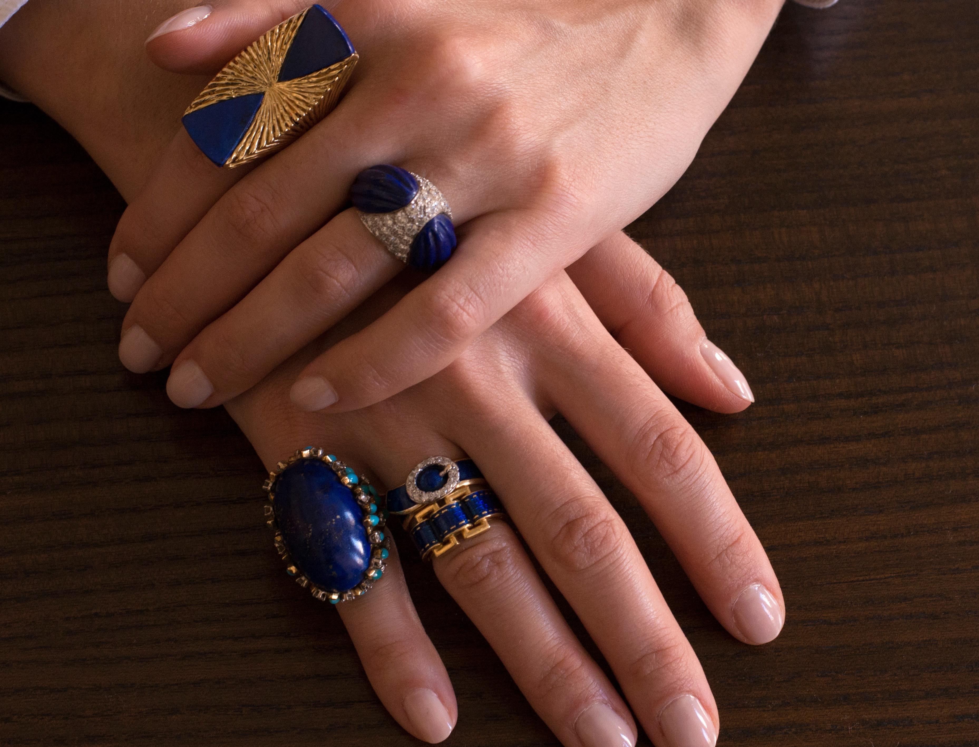 Modernist Kutchinsky Carved Lapis Lazuli Pavé-set Diamond and Gold Ring 1970 For Sale