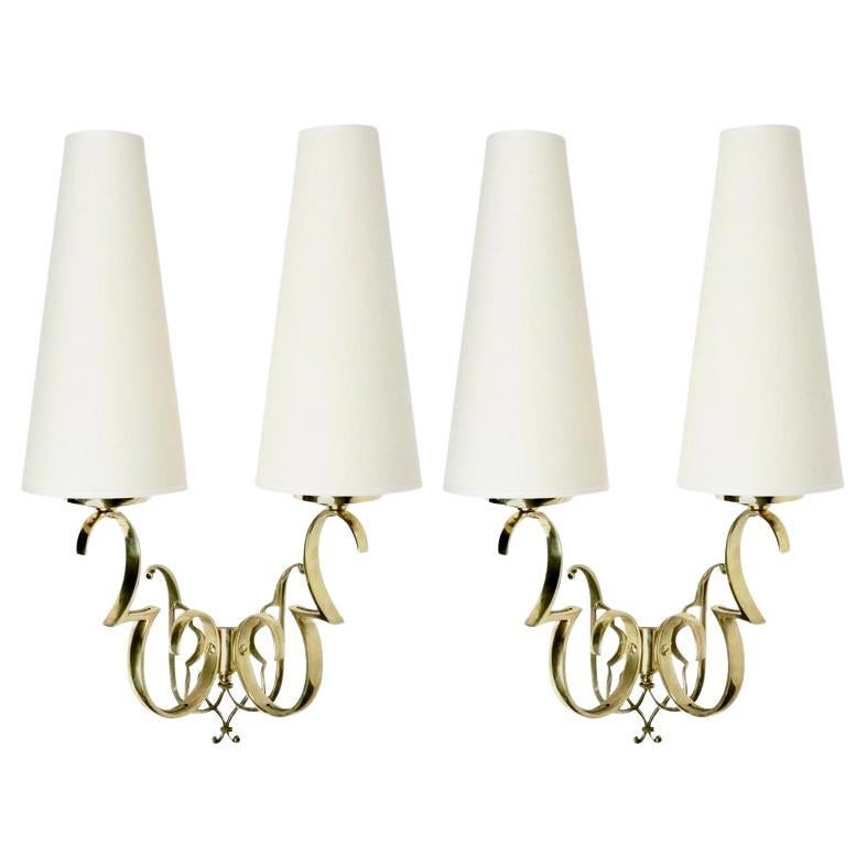 1970 Large Pair of Wall Lights in Golden Brass from Maison Roche For Sale