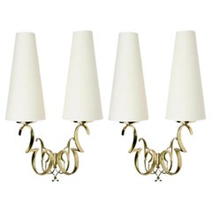 1970 Large Pair of Wall Lights in Golden Brass from Maison Roche