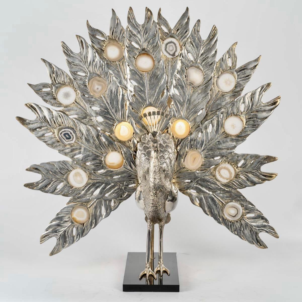 1970 Gran lámpara Pavo real de bronce plateado y ágata de Willy Daro en venta 5
