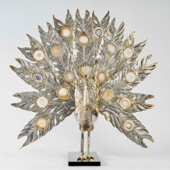 Große Pfauenlampe aus versilberter Bronze und Achat von Willy Daro, 1970