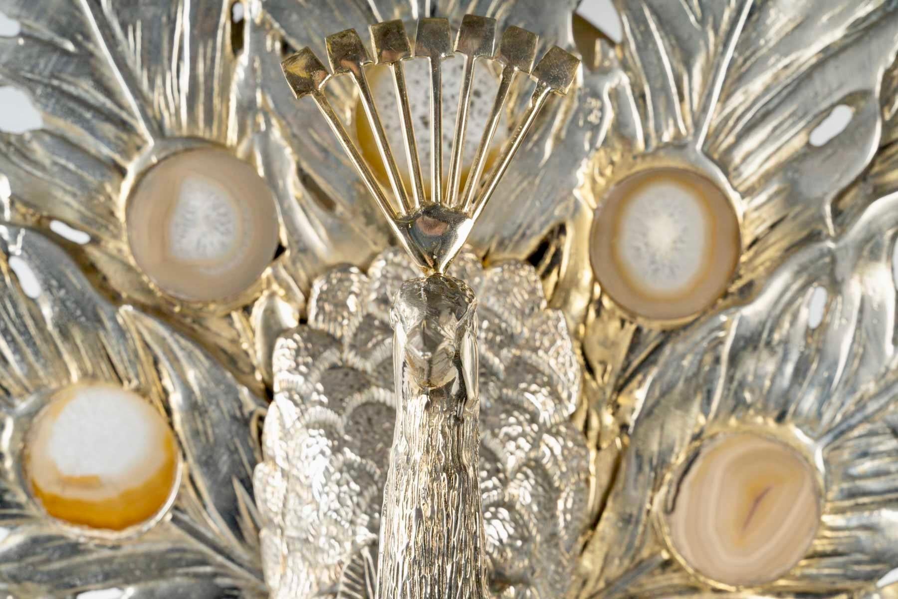 1970 Gran lámpara Pavo real de bronce plateado y ágata de Willy Daro en Bueno estado para la venta en Saint-Ouen, FR