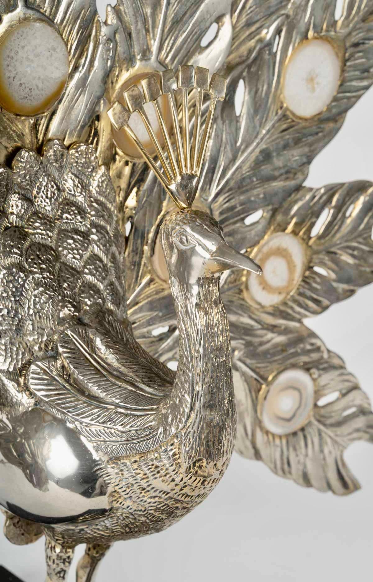 1970 Gran lámpara Pavo real de bronce plateado y ágata de Willy Daro en venta 3