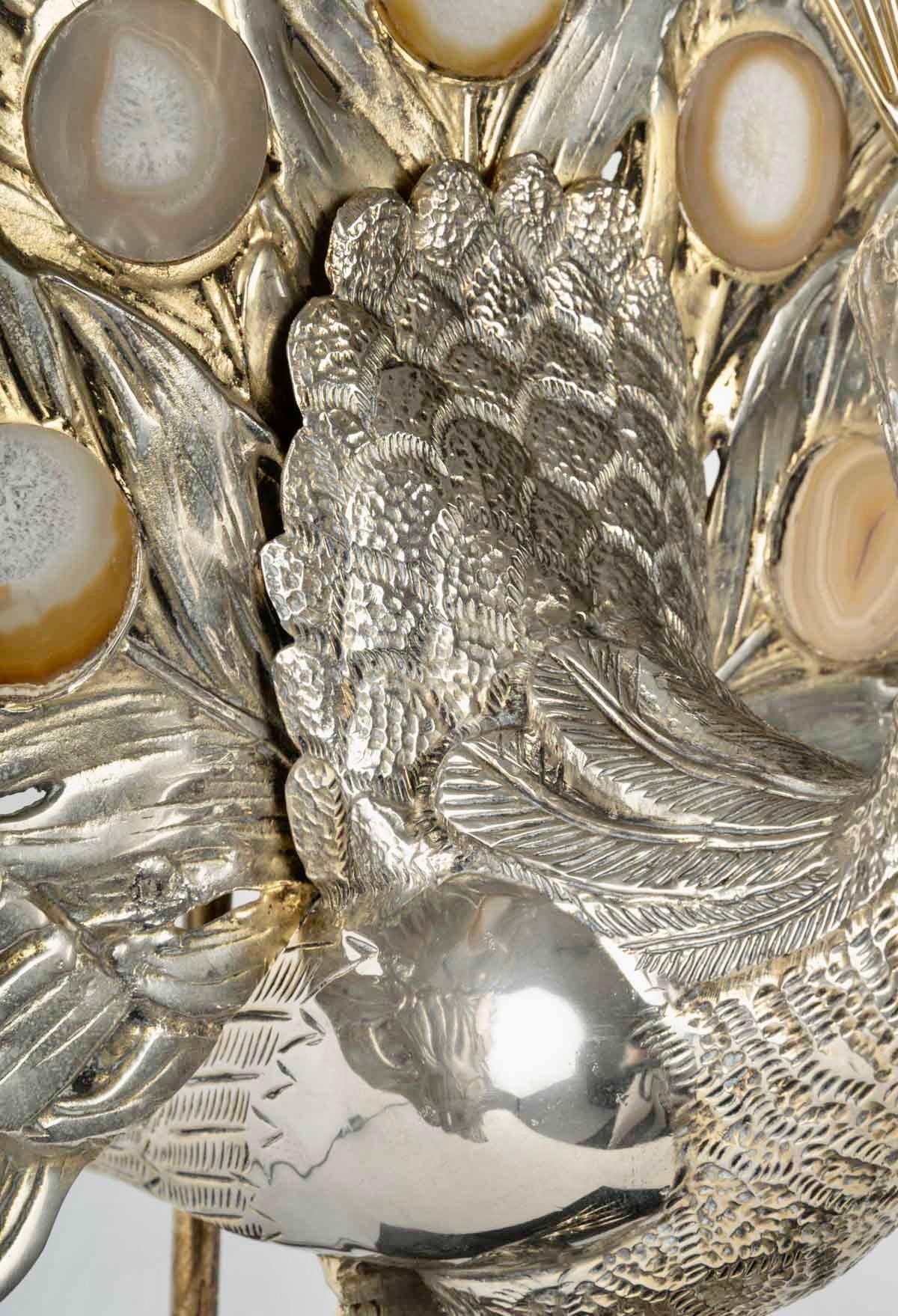 1970 Gran lámpara Pavo real de bronce plateado y ágata de Willy Daro en venta 4