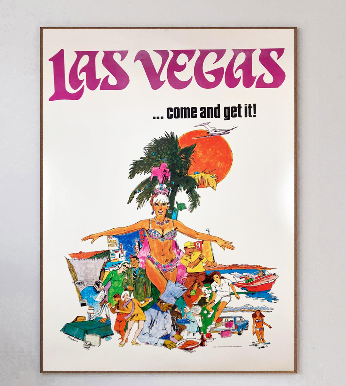 Avec une illustration phénoménale de l'artiste Robert Tannenbaum représentant quelques-unes des activités que l'on peut pratiquer à Las Vegas, notamment la danse, les restaurants et les activités sportives, cette superbe et rare affiche de 1970 fait
