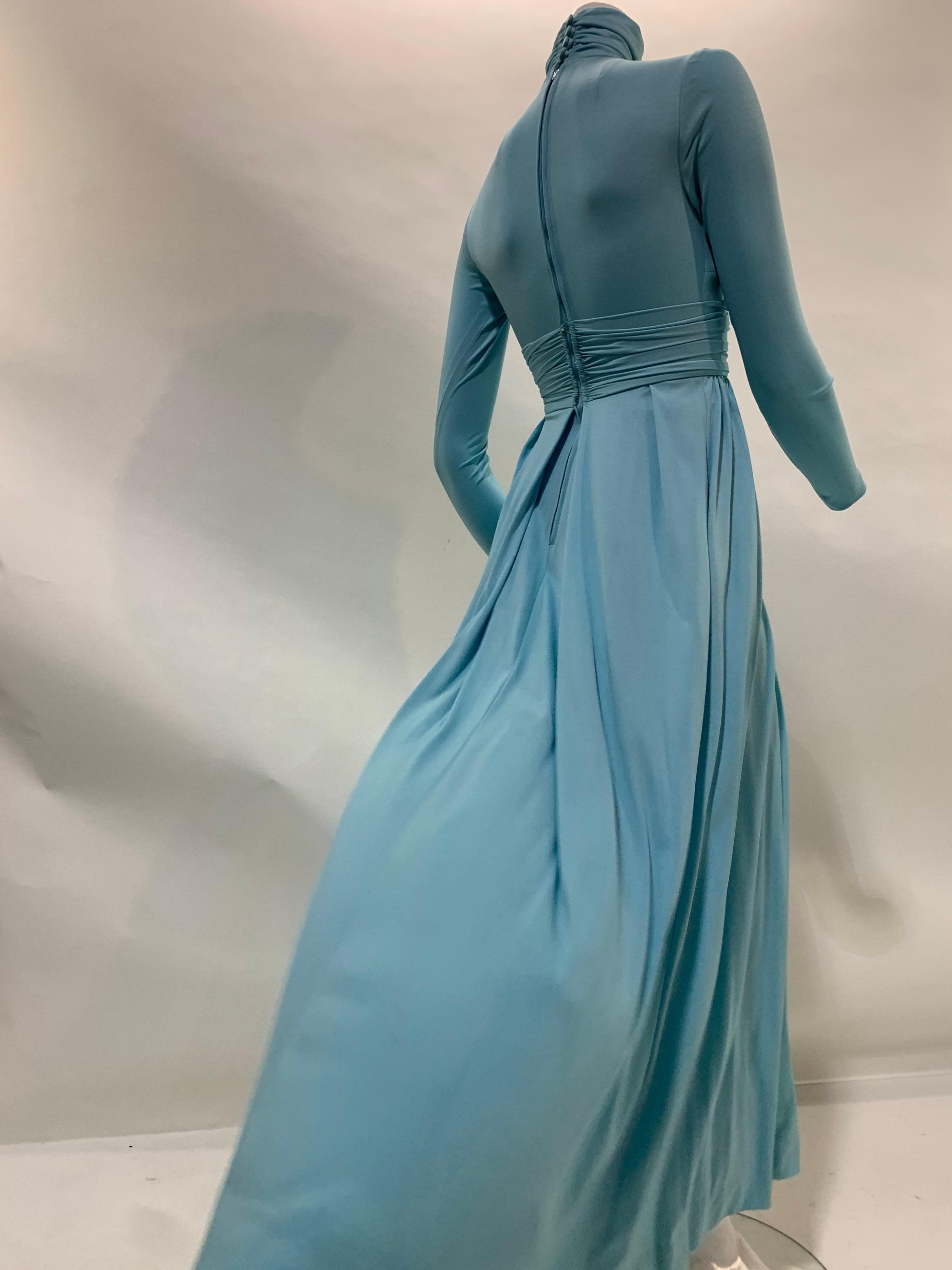 1970 Lillie Rubin Aquamarine Knit Maxi Dress w/ High Neck & Jeweled Centerpiece For Sale 2