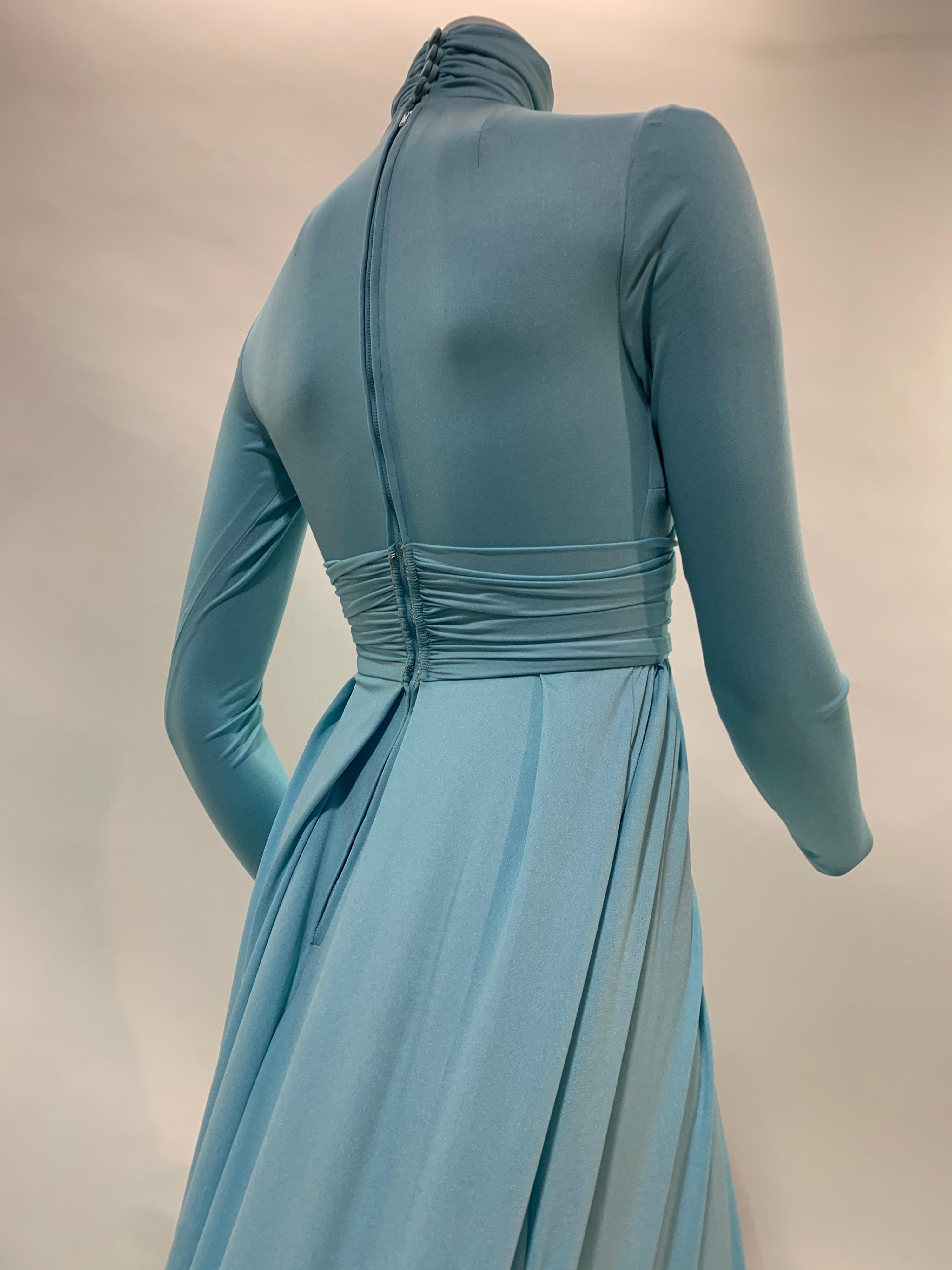 1970 Lillie Rubin Aquamarine Knit Maxi Dress w/ High Neck & Jeweled Centerpiece  For Sale 4