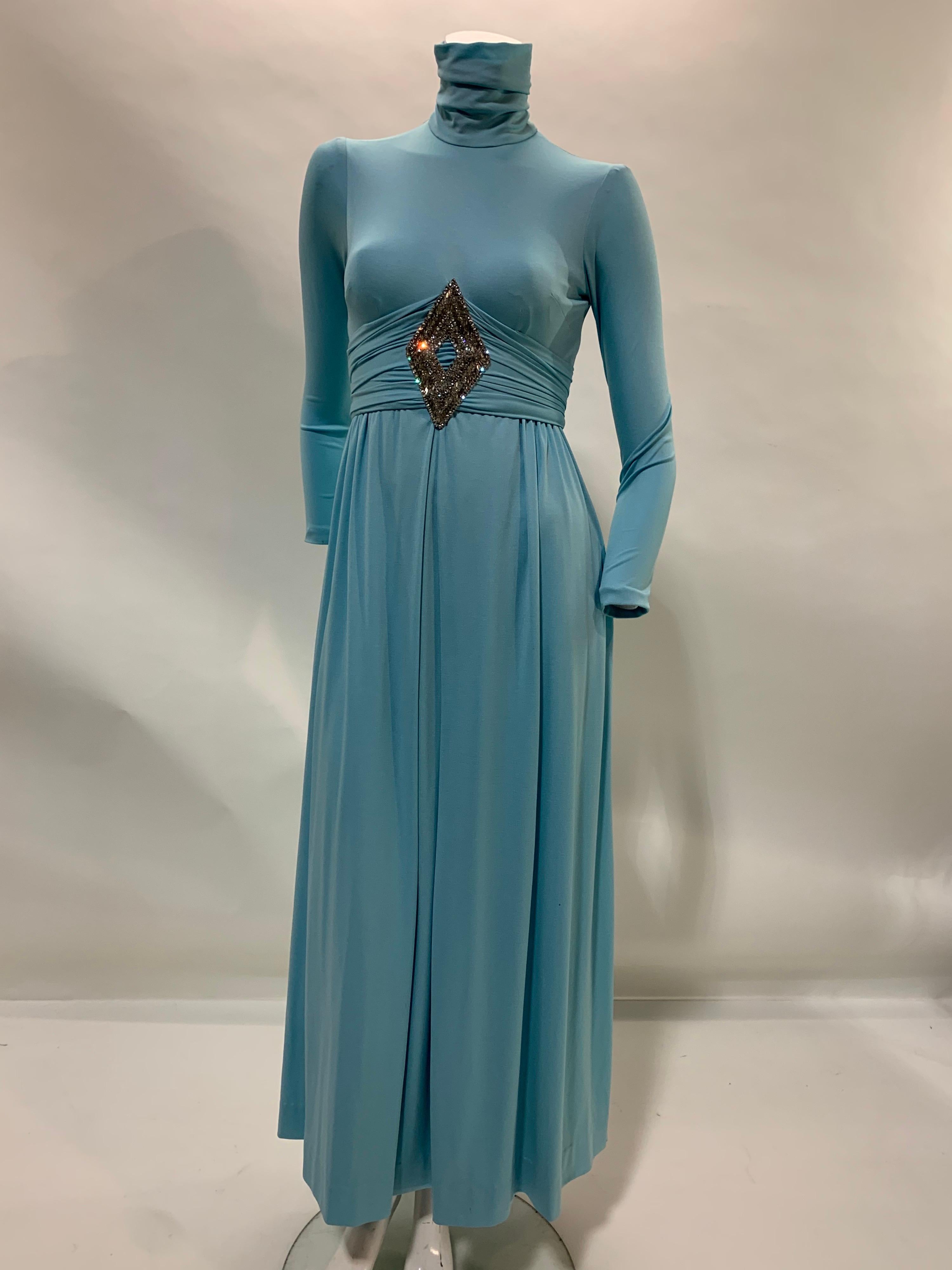 1970 Lillie Rubin Aquamarine Knit Maxi Dress w/ High Neck & Jeweled Centerpiece  For Sale 5
