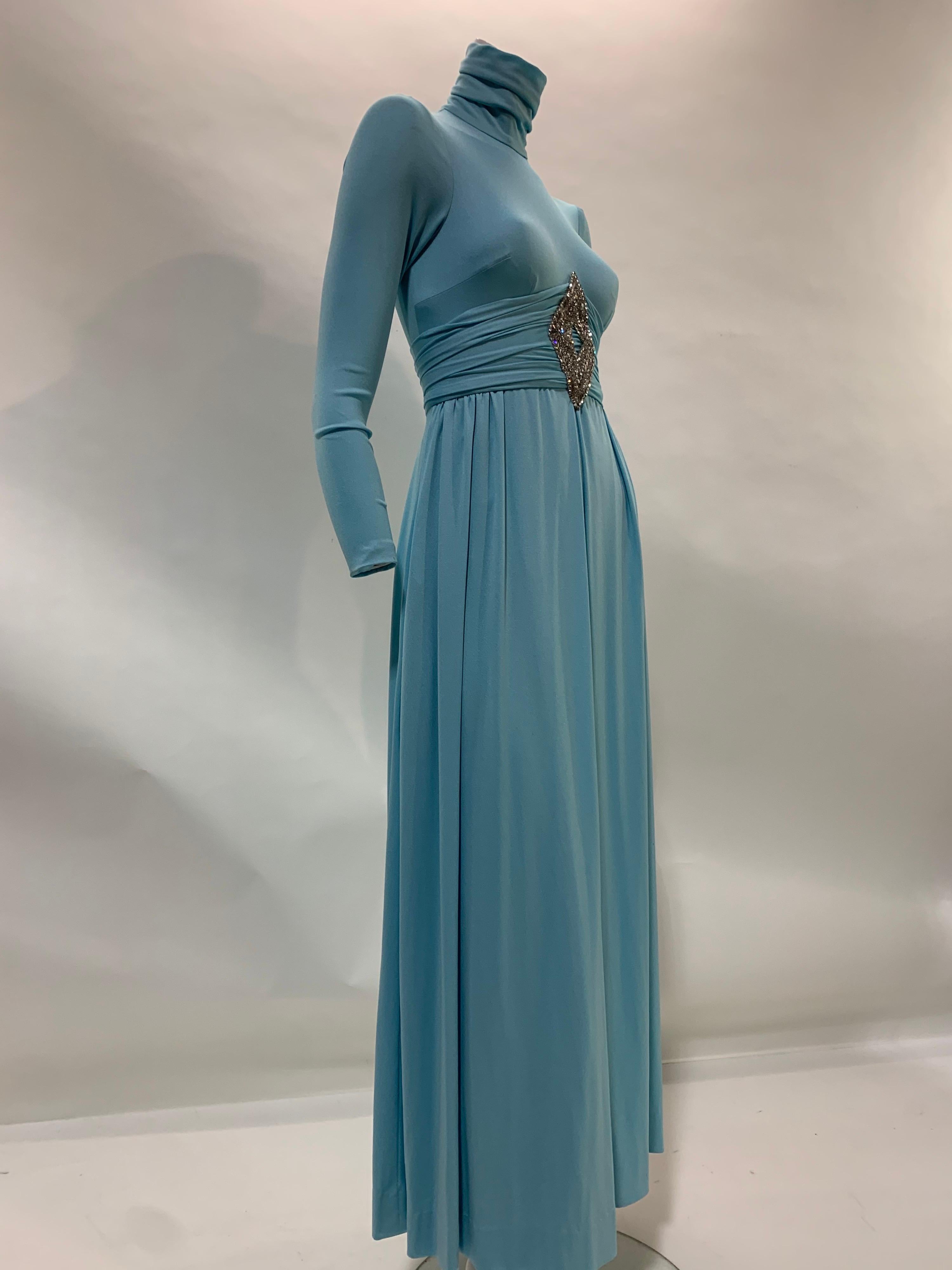 Gray 1970 Lillie Rubin Aquamarine Knit Maxi Dress w/ High Neck & Jeweled Centerpiece  For Sale