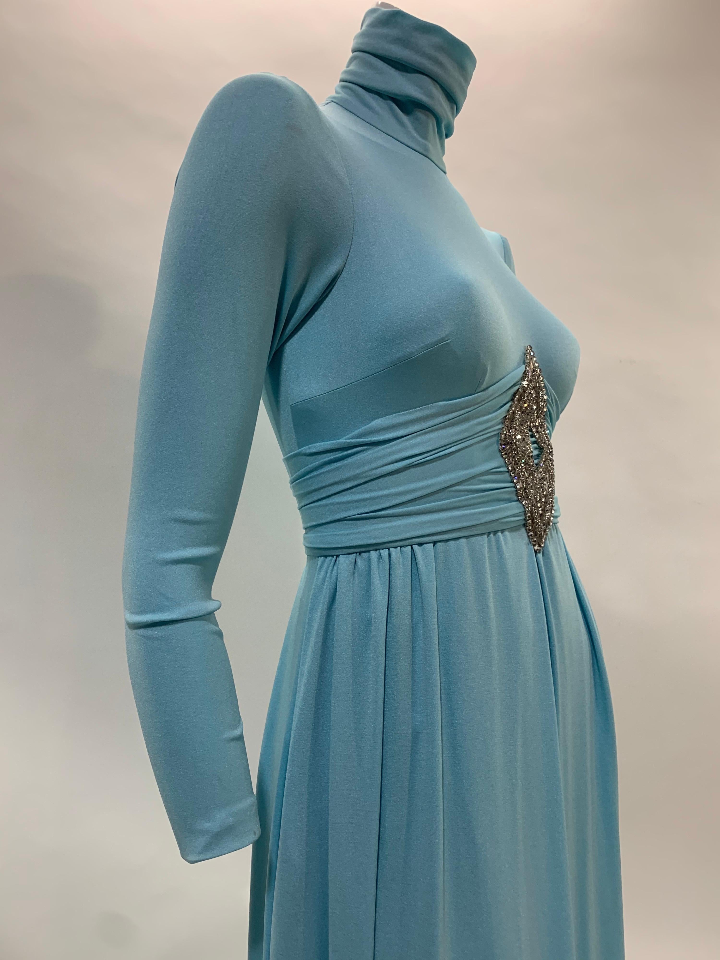 1970 Lillie Rubin Aquamarine Knit Maxi Dress w/ High Neck & Jeweled Centerpiece  In Excellent Condition For Sale In Gresham, OR