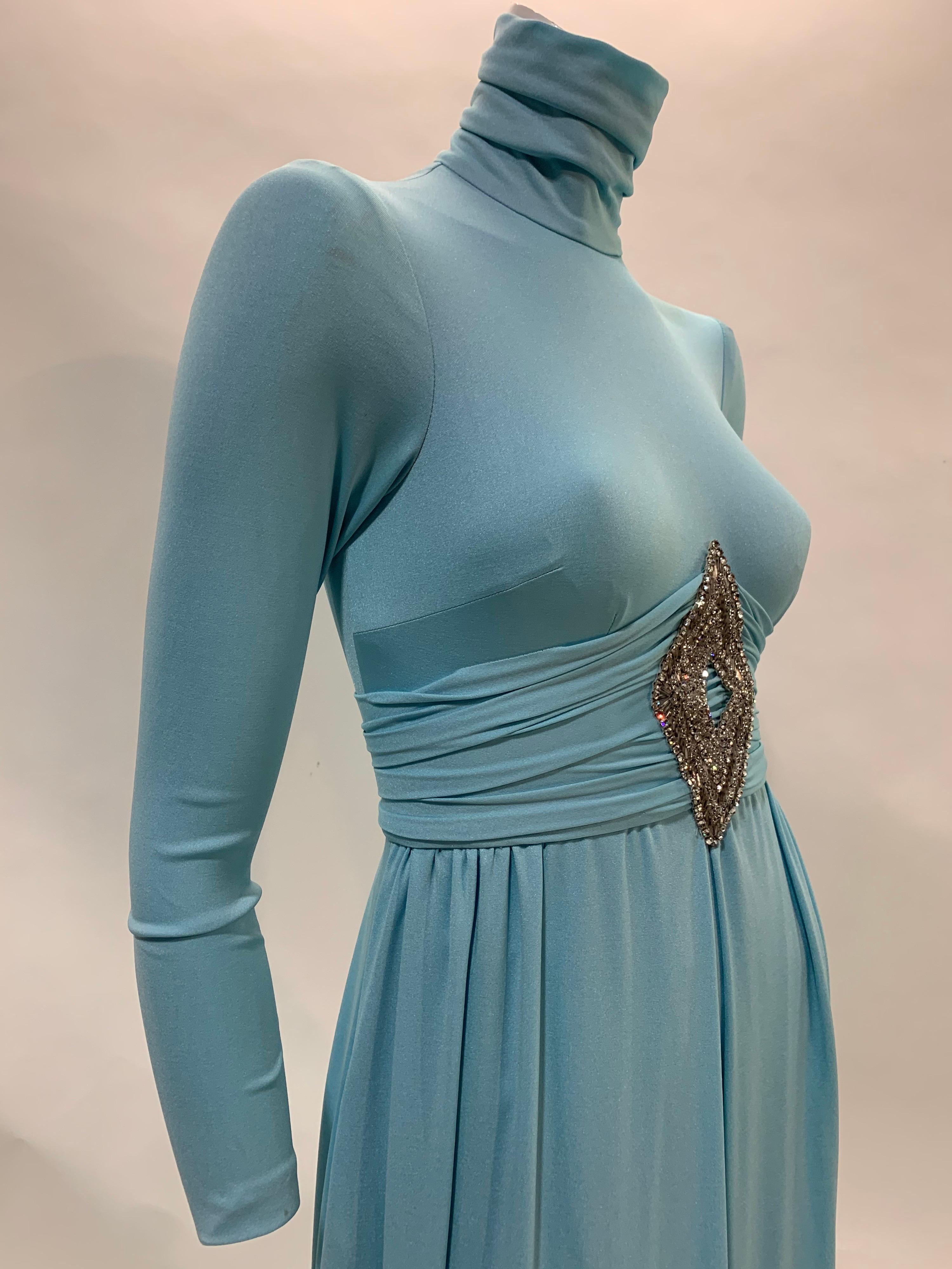 Women's 1970 Lillie Rubin Aquamarine Knit Maxi Dress w/ High Neck & Jeweled Centerpiece  For Sale
