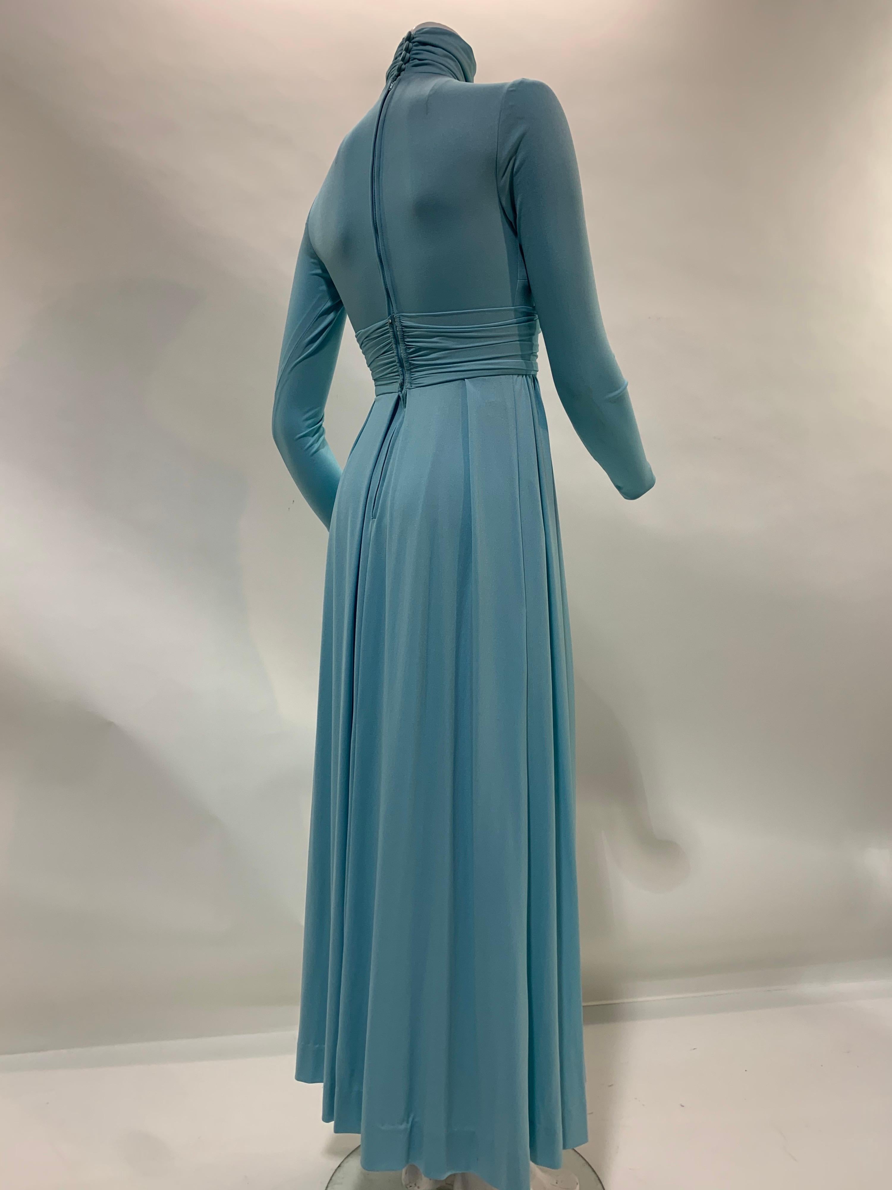 1970 Lillie Rubin Aquamarine Knit Maxi Dress w/ High Neck & Jeweled Centerpiece  For Sale 1