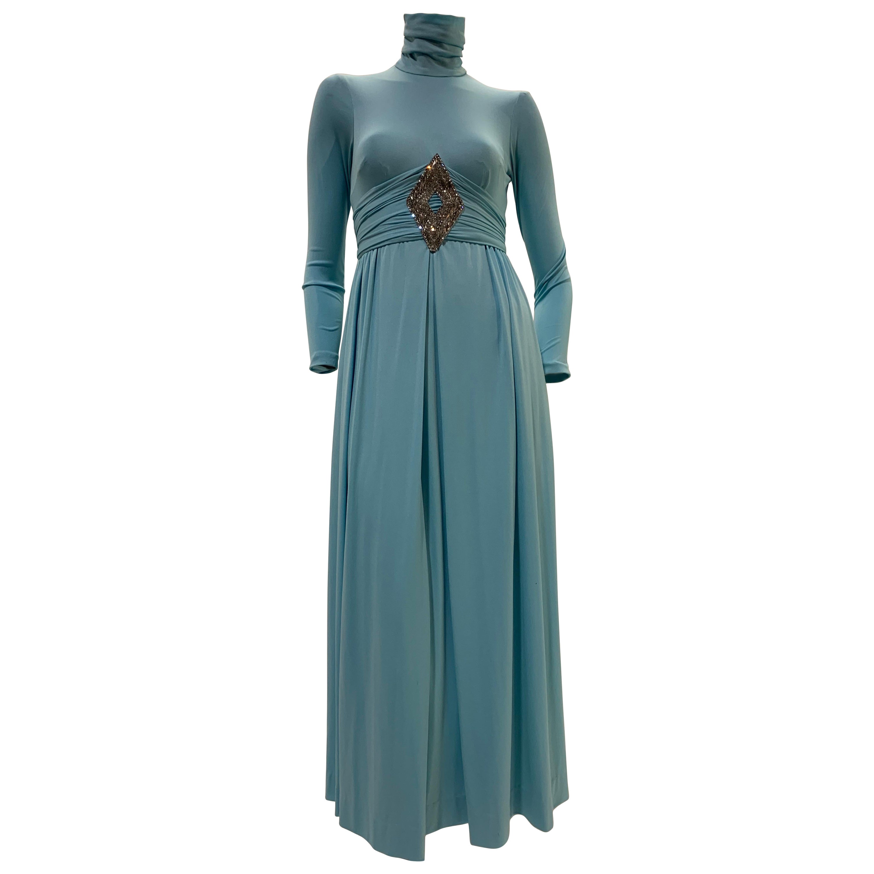 1970 Lillie Rubin - Maxi abito in maglia color acquamarina con collo alto e centrotavola gioiello in vendita