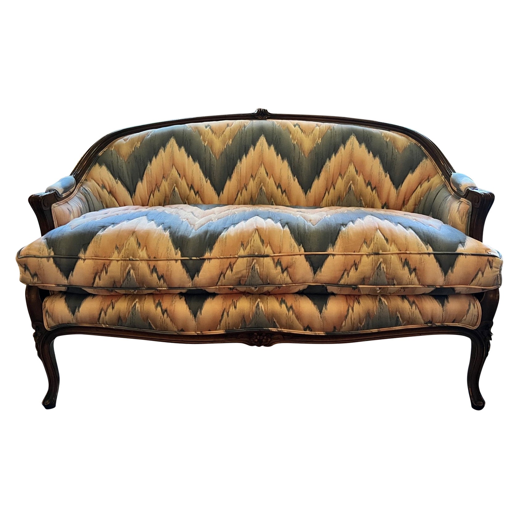 1970 Louis XV Style Curved Settee with Quilted Flamestitch Upholstery