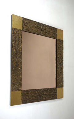 1970 Luciano Frigerio Italian Bronze Art Modern Sculpture Square Wall Mirror