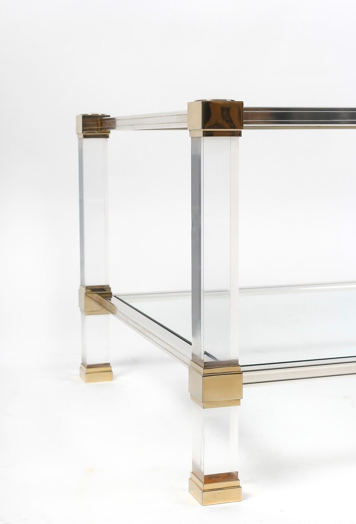 Polished 1970 Lucite and brass coffee table by Pierre Vandel
