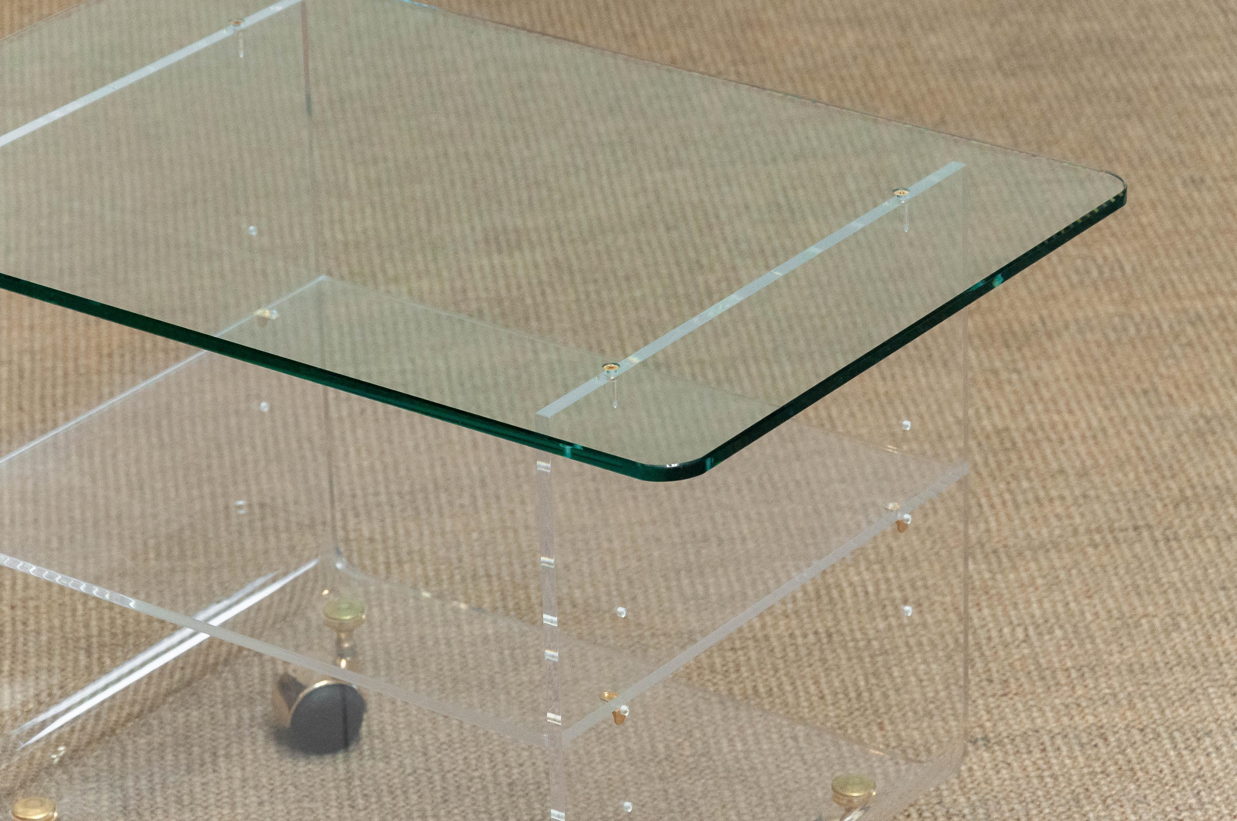 Modern 1970 Lucite with Brass Details and Glass Side Table Designed by David Lange