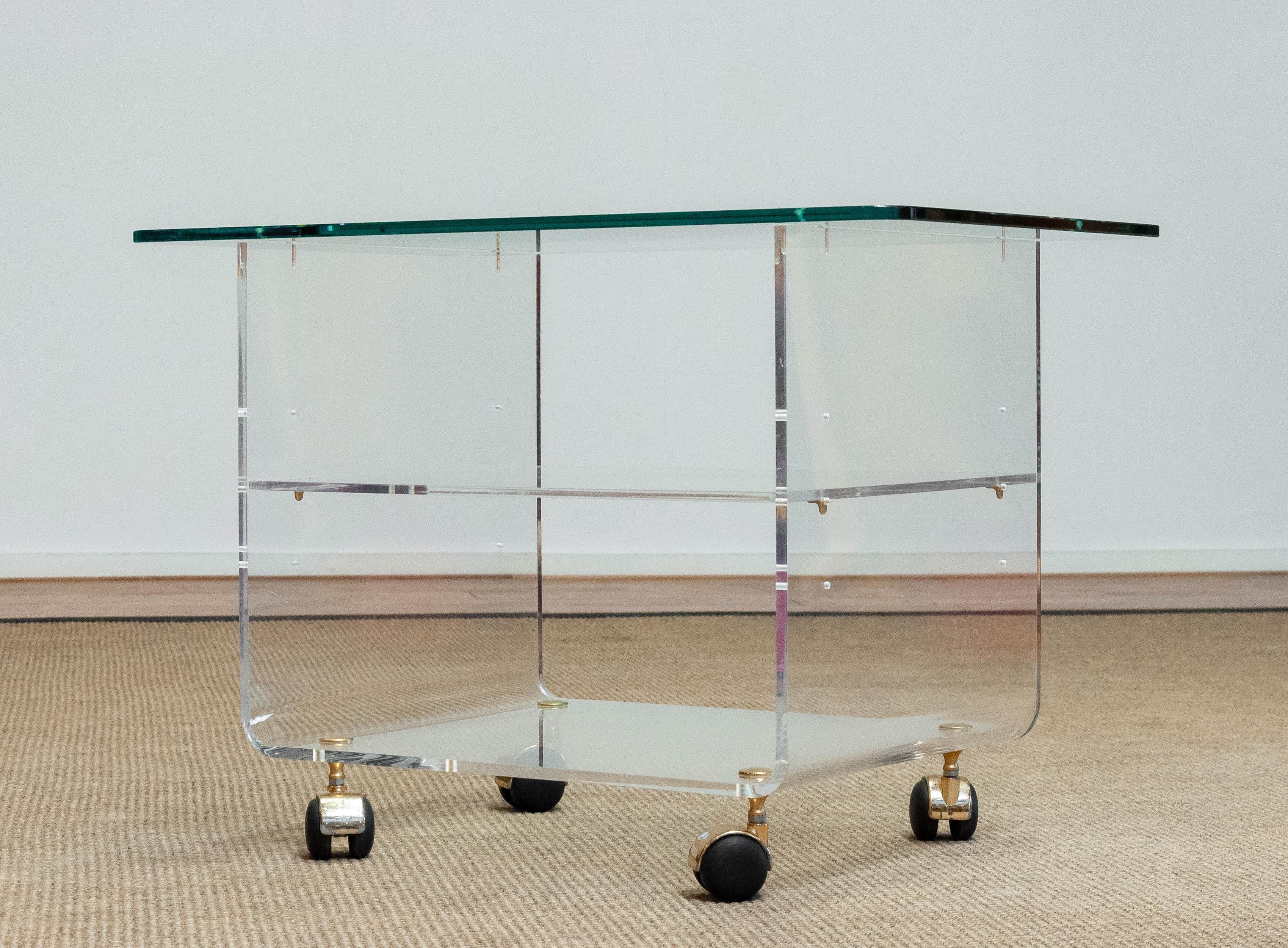 French 1970 Lucite with Brass Details and Glass Side Table Designed by David Lange
