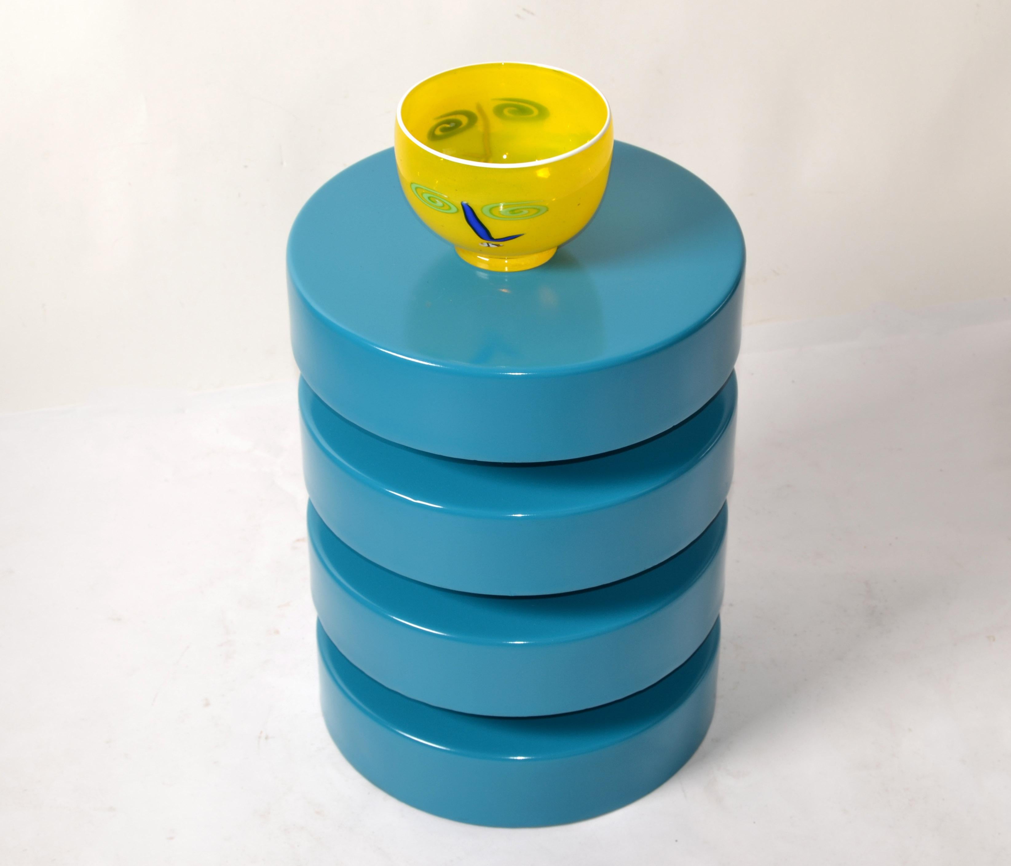 Round Machine Age Industrial Coil Cylinder shaped heavy Steel Drink table, Side Table or End Table. 
Mid-Century Modern Space Age Column in Turquoise Teal Paint Finish to display Your favorite Sculpture, Vases, Vessel or Busts. 
Base measures