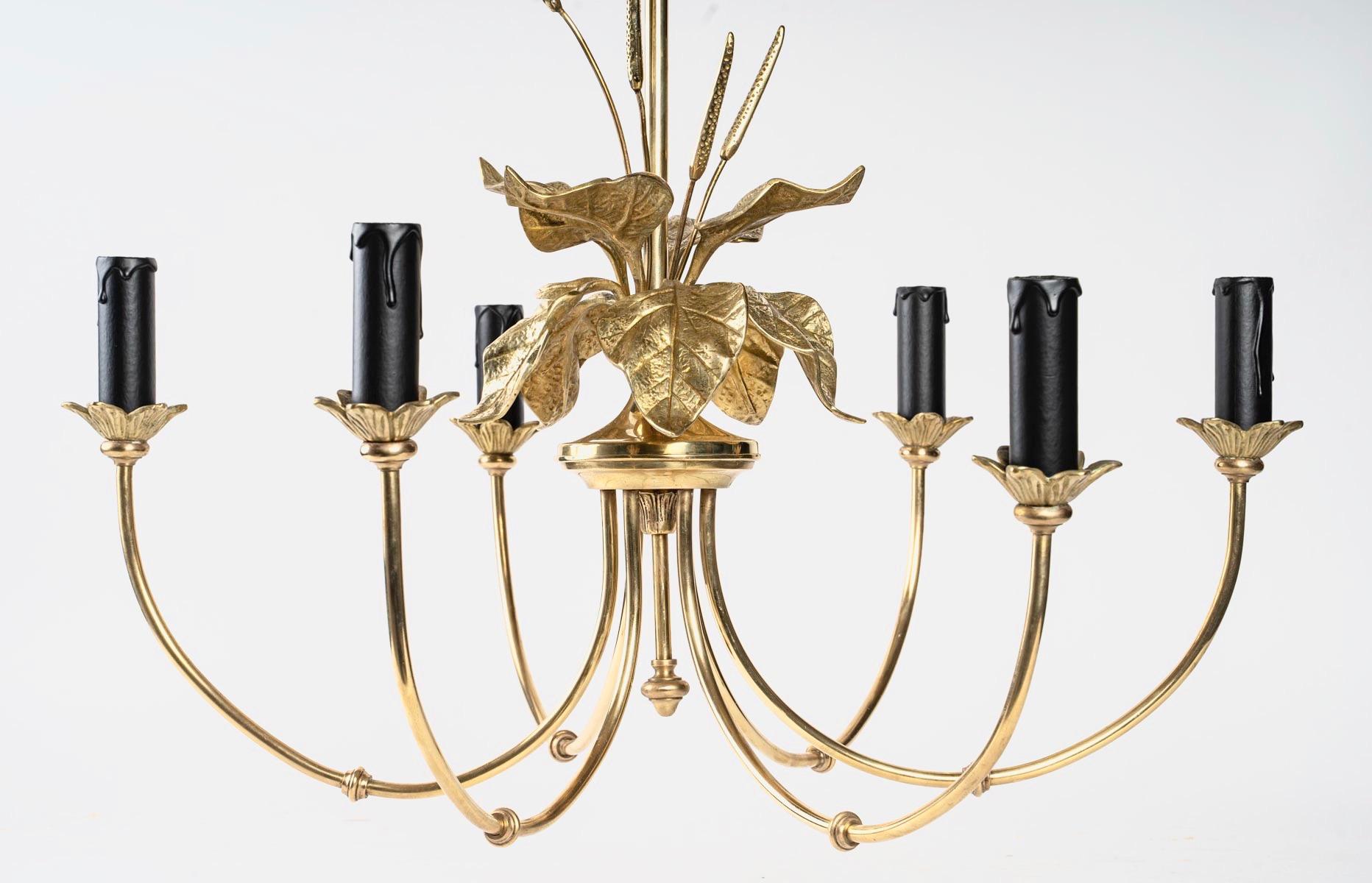 French 1970 Maison Charles Chandelier with Floral Decoration in Bronze