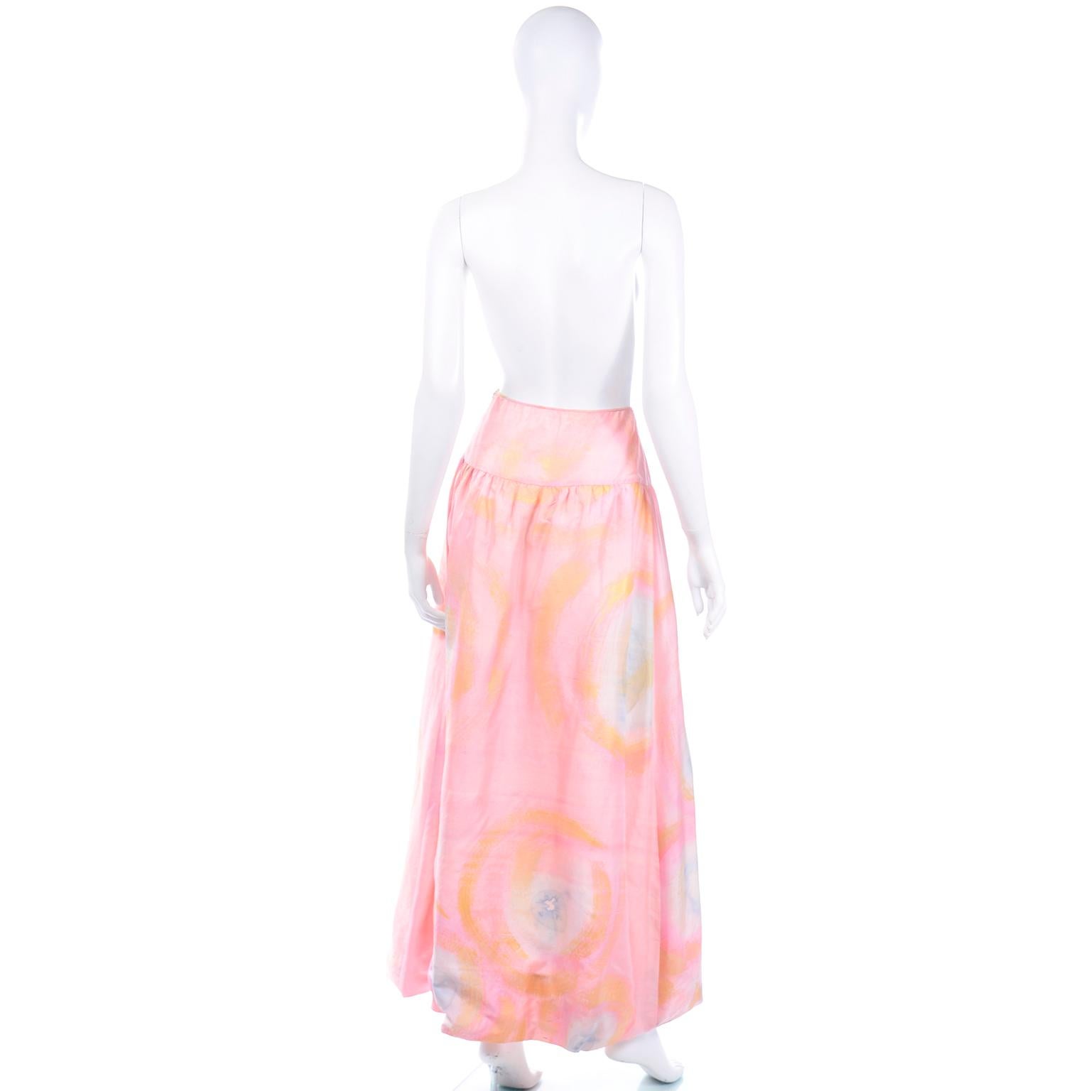 1970 Mary McFadden Vintage Silk Pink Pastel Watercolor Tye Dye Maxi Skirt In Excellent Condition For Sale In Portland, OR