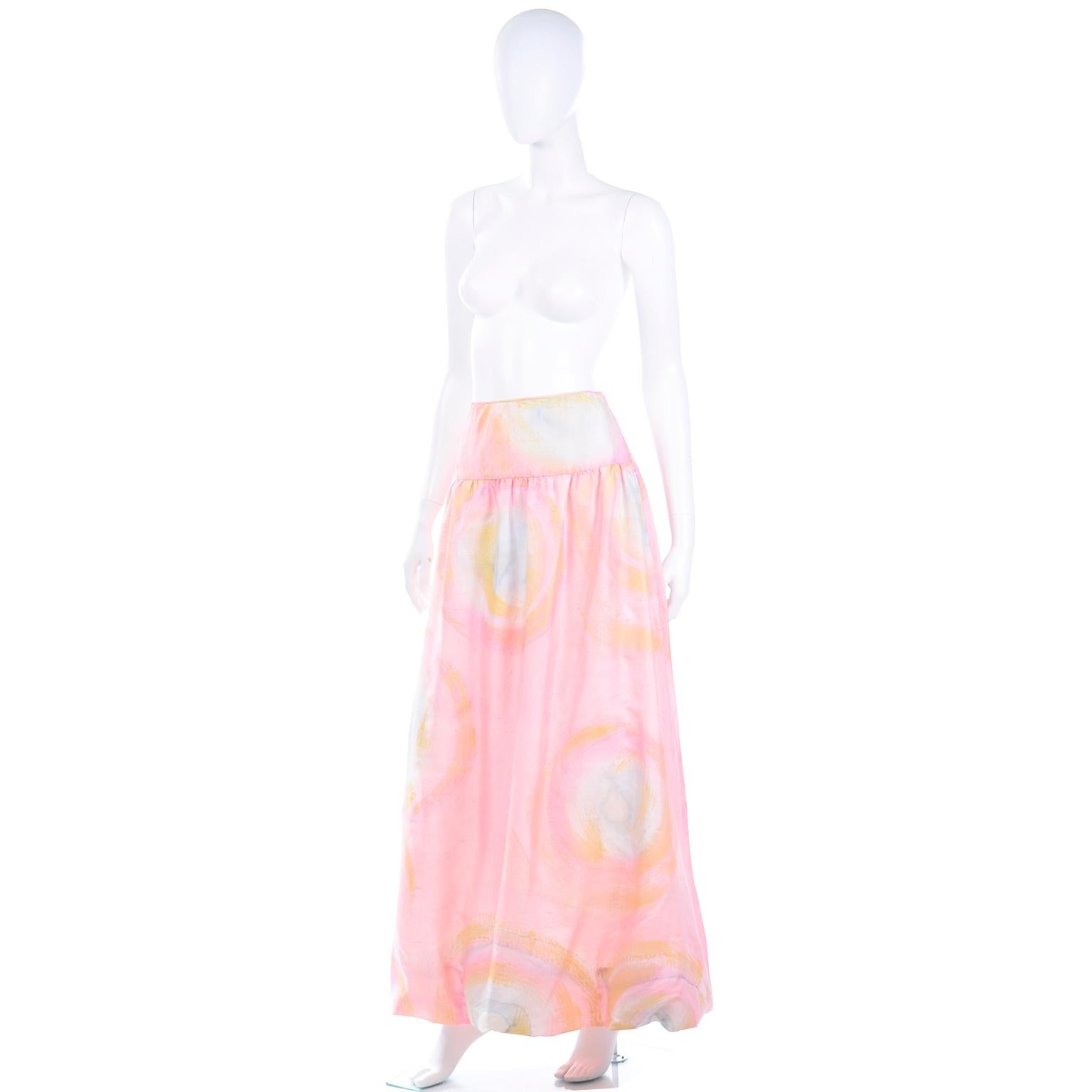 Women's 1970 Mary McFadden Vintage Silk Pink Pastel Watercolor Tye Dye Maxi Skirt For Sale