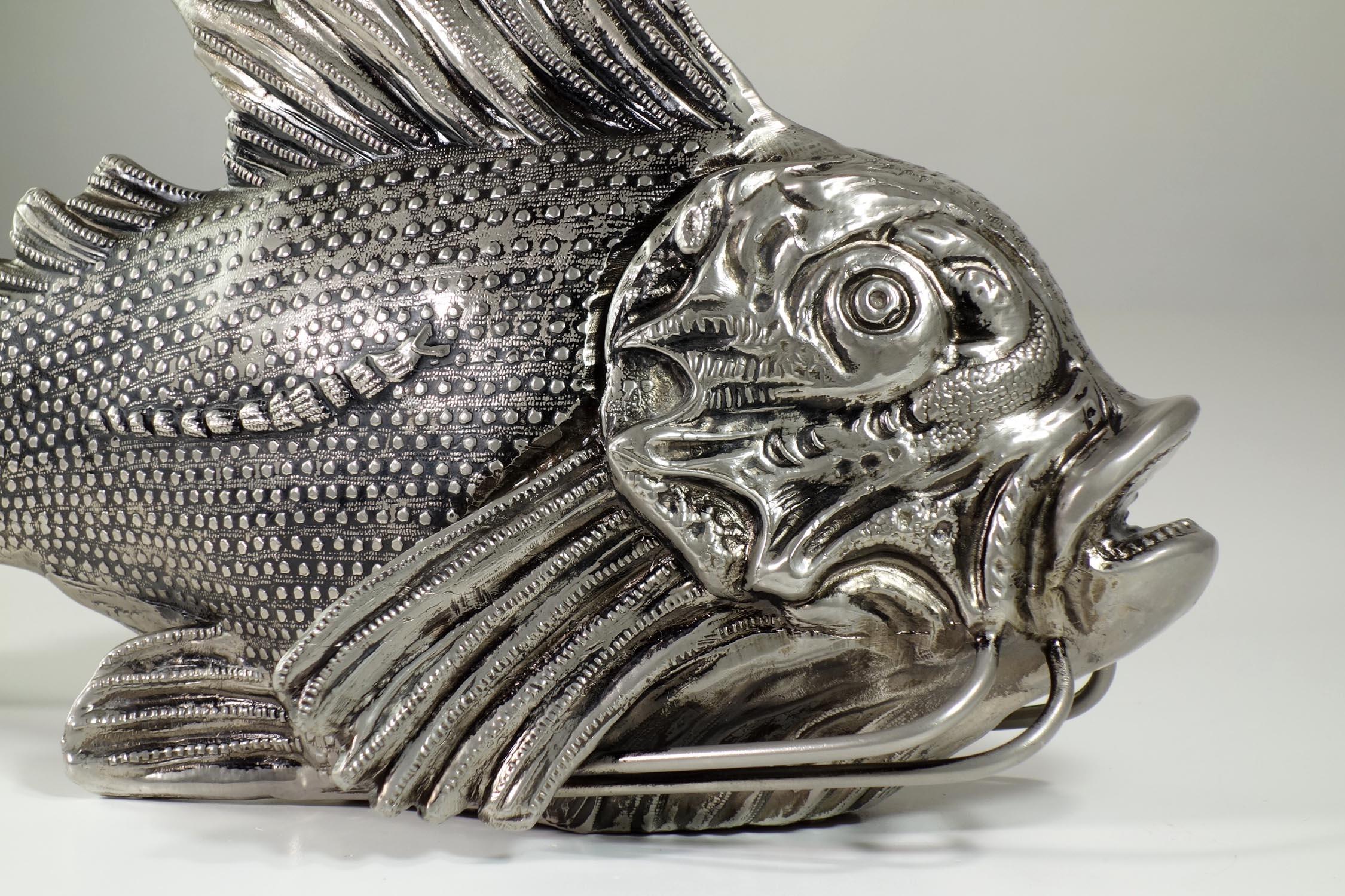 Late 20th Century 1970 Mauro Manetti Sturgeon Modern Silver Pewter Metal Fish Sculpture For Sale