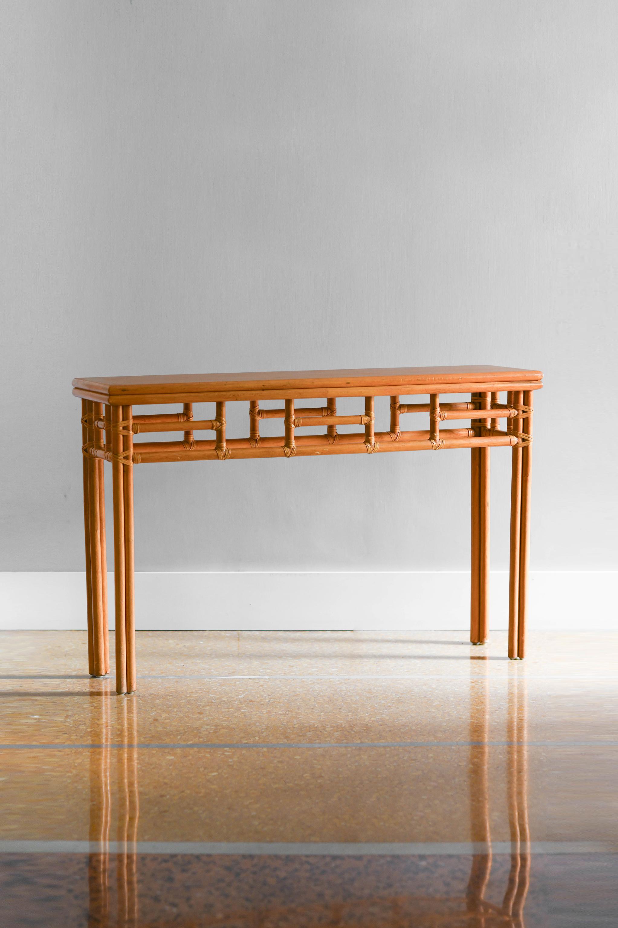 Italian 1970 McGuire Bamboo console 1970, with leather bindings and wooden top