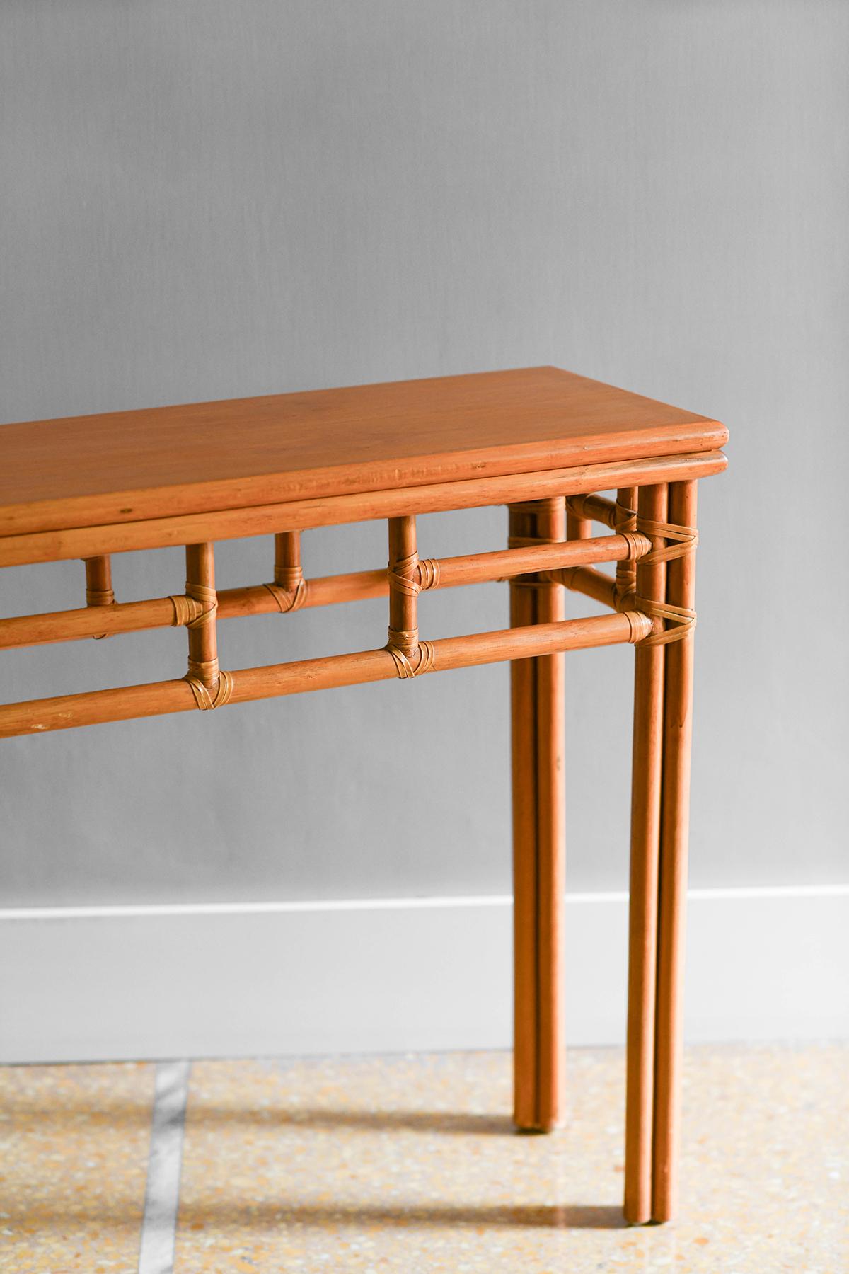 Late 20th Century 1970 McGuire Bamboo console 1970, with leather bindings and wooden top For Sale